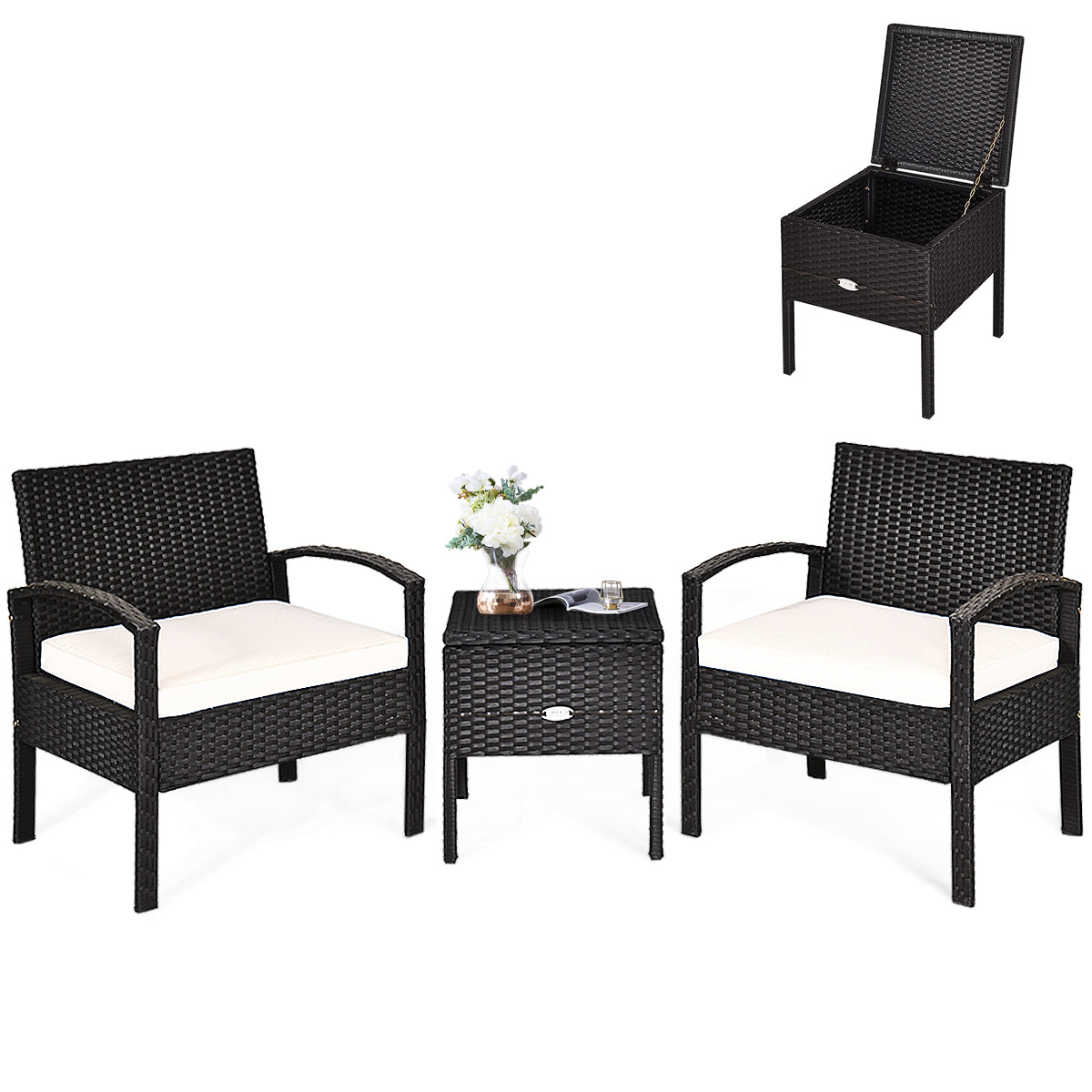 LIVSK Patioset - Duurzaam PE Rotan en Roestvrij Staal - Ergonomische Stoelen met Kussens - Bijzettafel met Opbergruimte - Zwart