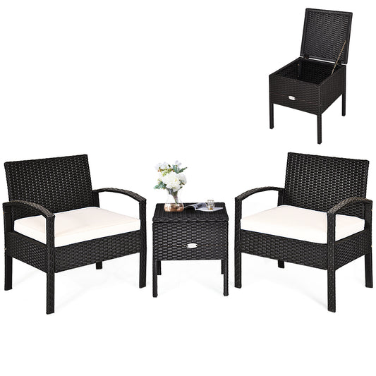 LIVSK Patioset - Duurzaam PE Rotan en Roestvrij Staal - Ergonomische Stoelen met Kussens - Bijzettafel met Opbergruimte - Zwart