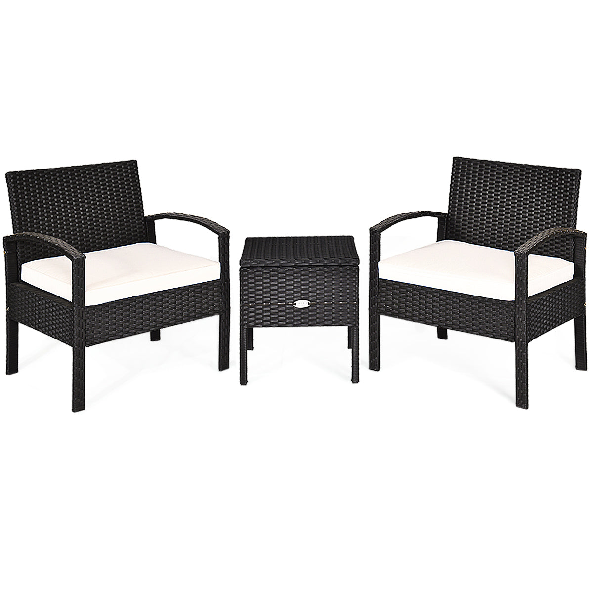 LIVSK Patioset - Duurzaam PE Rotan en Roestvrij Staal - Ergonomische Stoelen met Kussens - Bijzettafel met Opbergruimte - Zwart