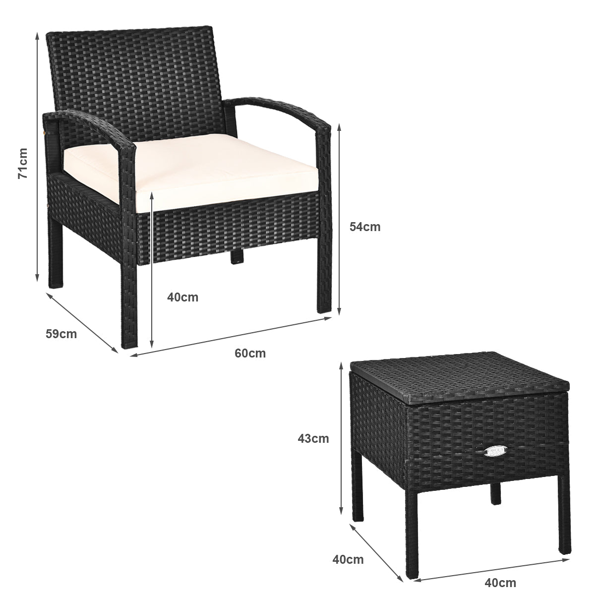 LIVSK Patioset - Duurzaam PE Rotan en Roestvrij Staal - Ergonomische Stoelen met Kussens - Bijzettafel met Opbergruimte - Zwart