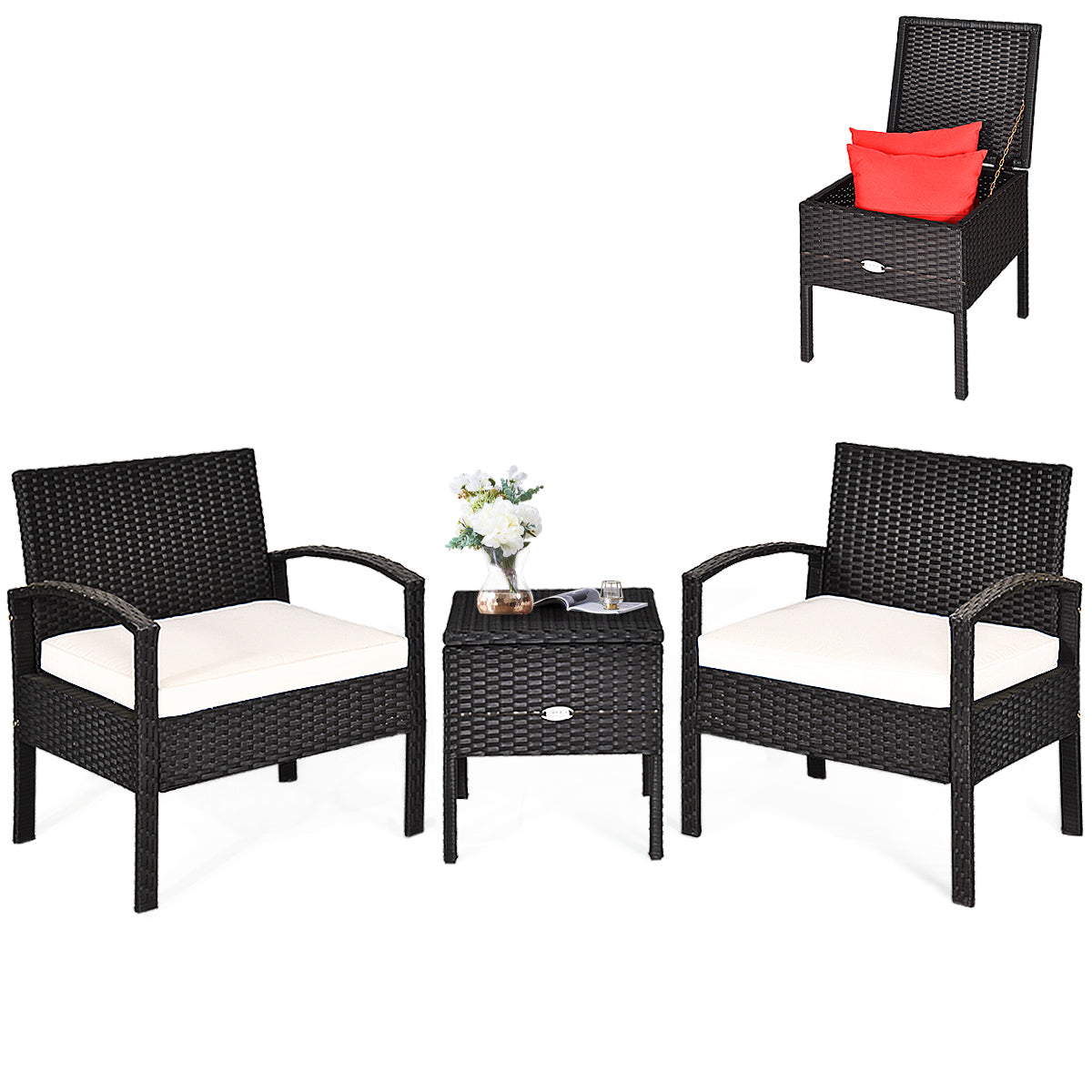 LIVSK Patioset - Duurzaam PE Rotan en Roestvrij Staal - Ergonomische Stoelen met Kussens - Bijzettafel met Opbergruimte - Zwart