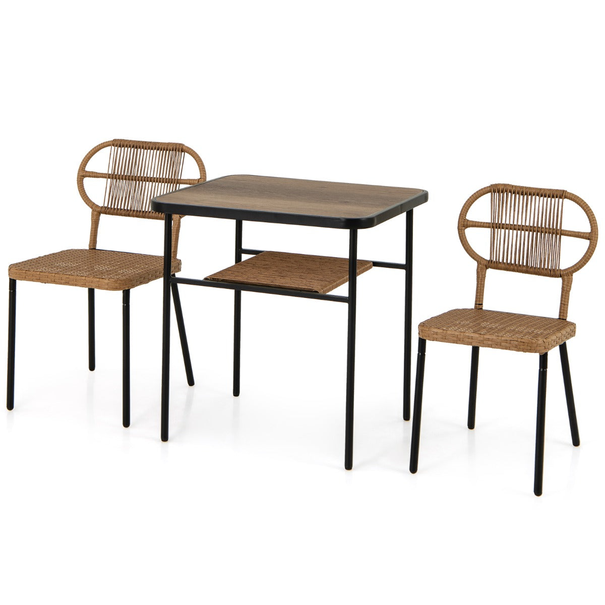 LIVSK 3-delige Tuinset - Stapelbare Rieten Stoelen met Ergonomische Rugleuningen - Tafel met DPC-blad en Opbergplank - Natuurlijk