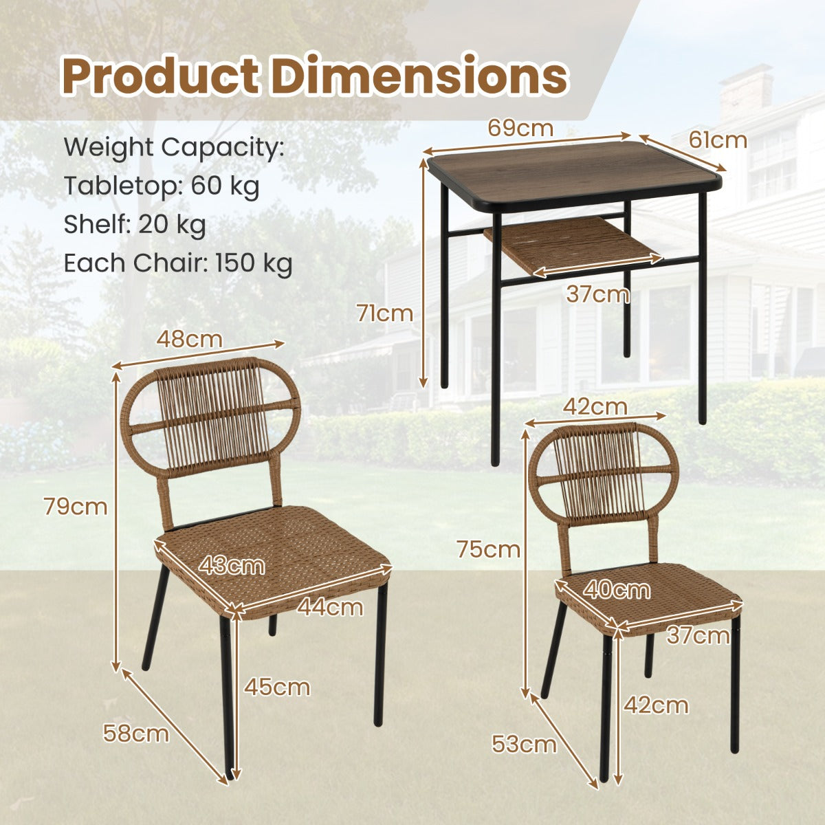 LIVSK 3-delige Tuinset - Stapelbare Rieten Stoelen met Ergonomische Rugleuningen - Tafel met DPC-blad en Opbergplank - Natuurlijk