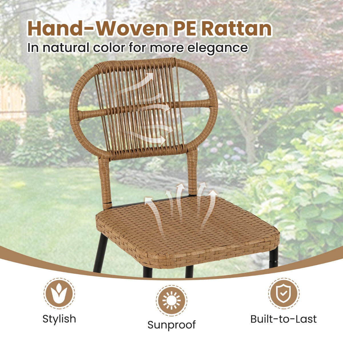 LIVSK 3-delige Tuinset - Stapelbare Rieten Stoelen met Ergonomische Rugleuningen - Tafel met DPC-blad en Opbergplank - Natuurlijk