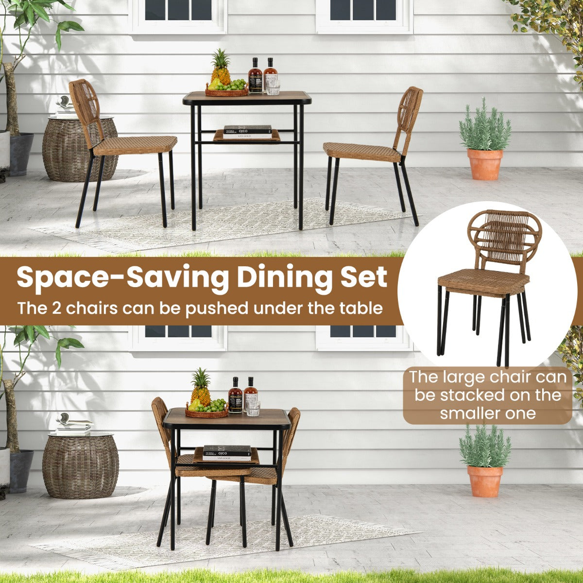 LIVSK 3-delige Tuinset - Stapelbare Rieten Stoelen met Ergonomische Rugleuningen - Tafel met DPC-blad en Opbergplank - Natuurlijk