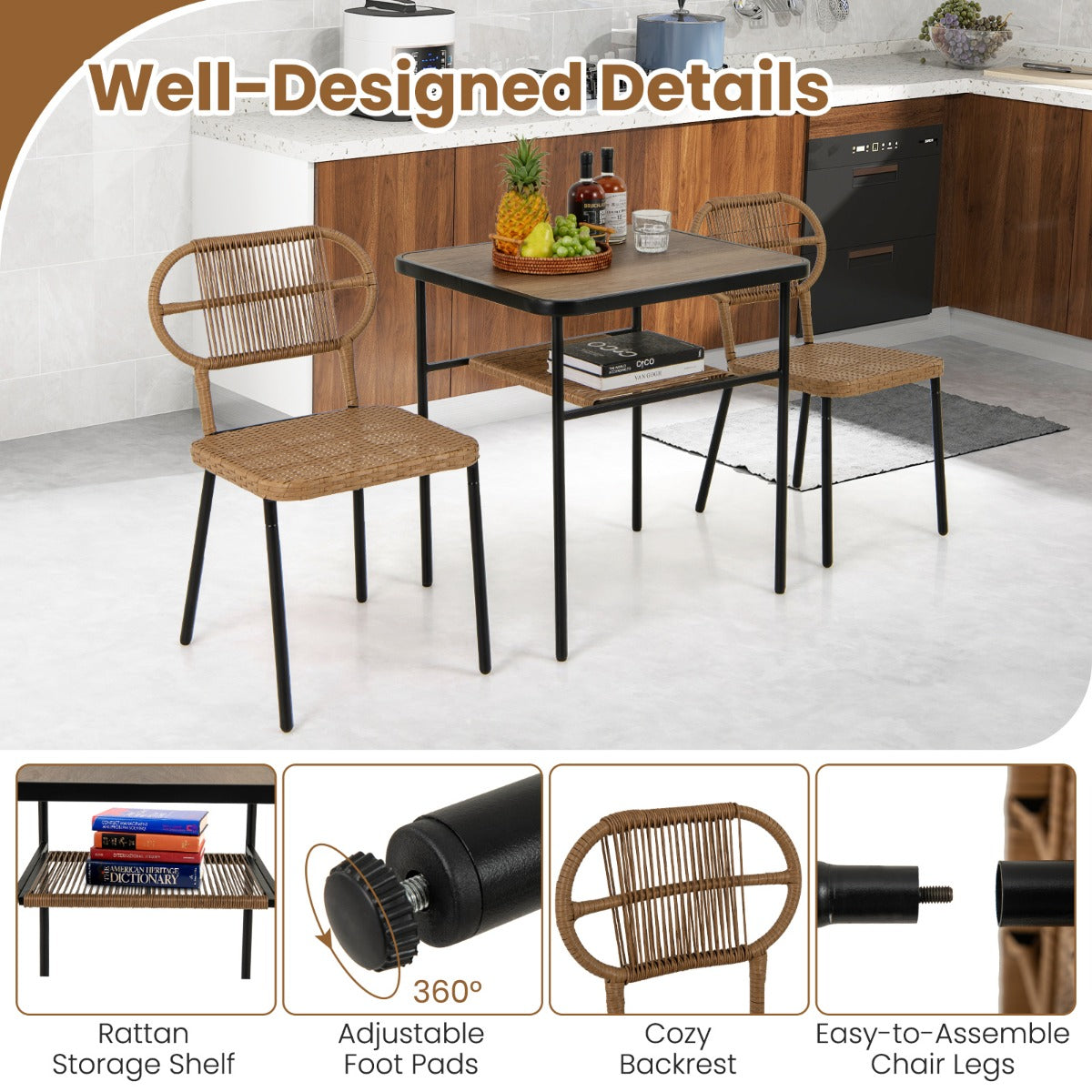 LIVSK 3-delige Tuinset - Stapelbare Rieten Stoelen met Ergonomische Rugleuningen - Tafel met DPC-blad en Opbergplank - Natuurlijk
