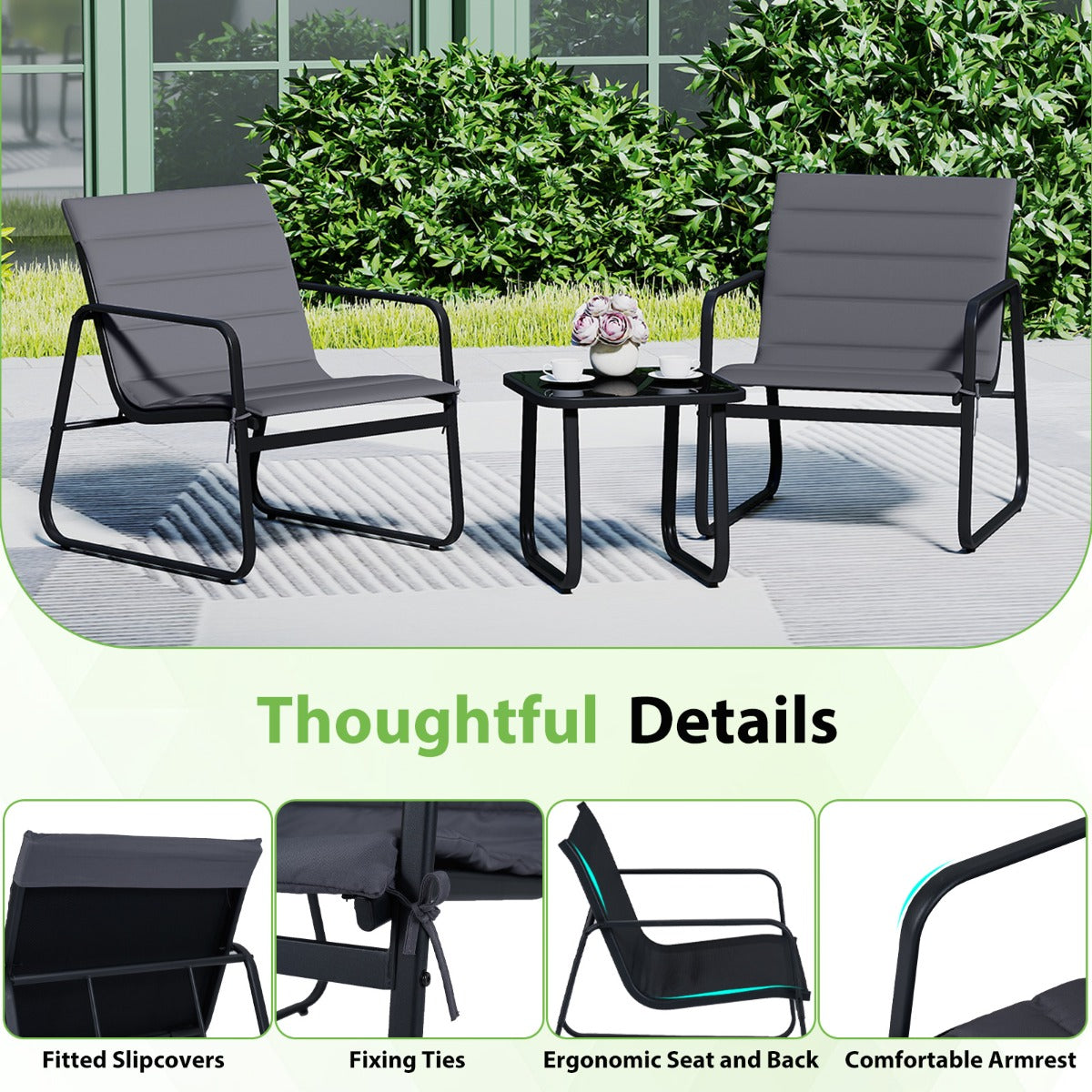 Livsk costway 3 delige tuinset buitenstoelen en bijzettafel met afneembare kussens en blad van gehard glas 6