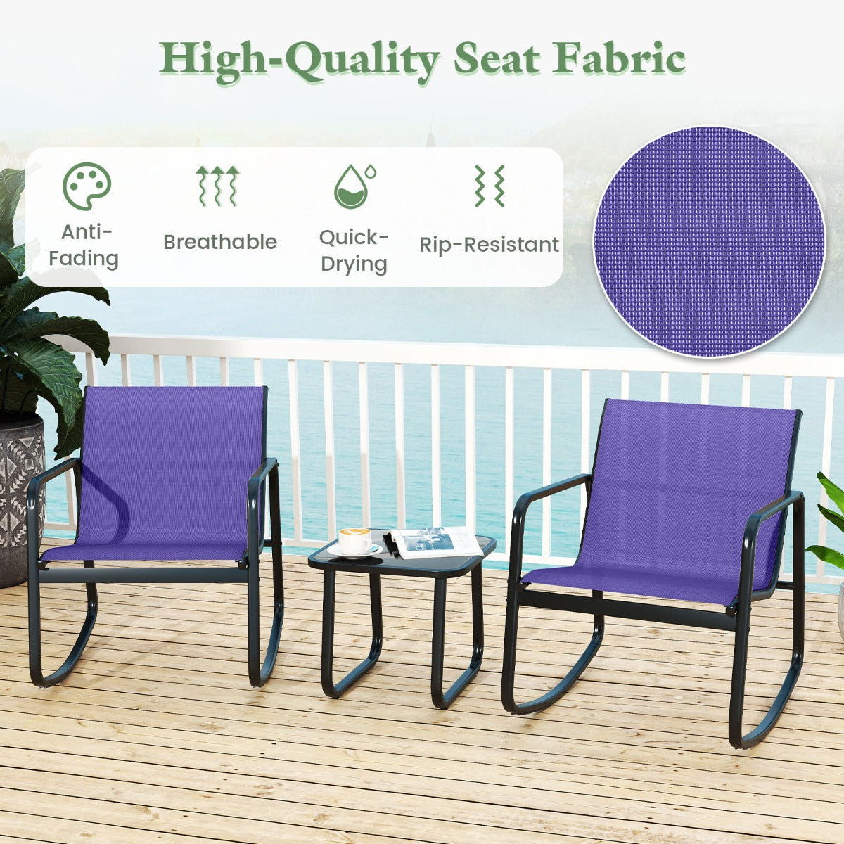 LIVSK 3-delige Schommelset voor Terras - Ergonomisch en Duurzaam - Antislip en Roestbestendig - Gehard Glas Tafelblad - Grijs