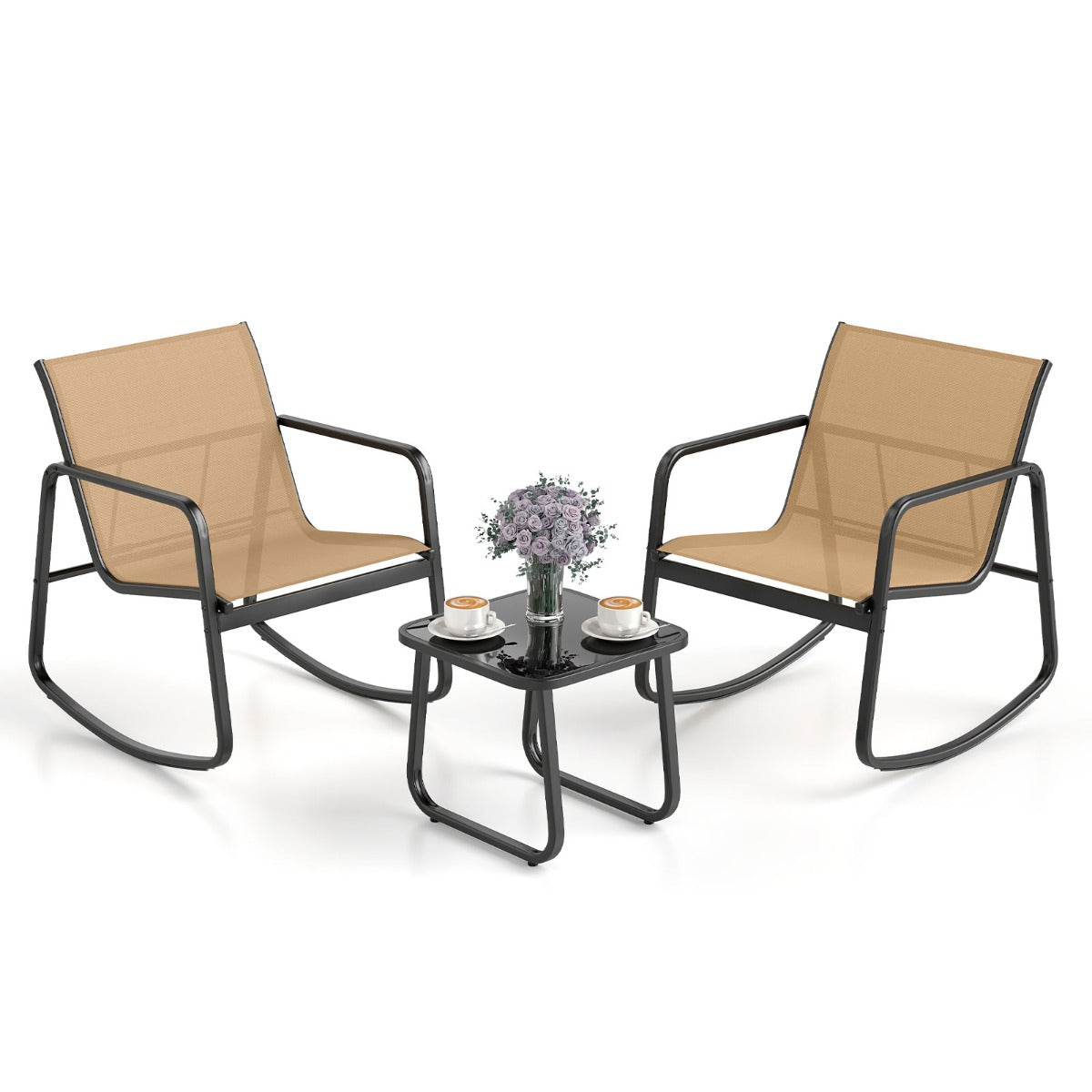 LIVSK 3-delige Schommelset - Ergonomische Stoelen met Zachte Beweging - Roestbestendig - Gehard Glas Tafelblad - Bruin
