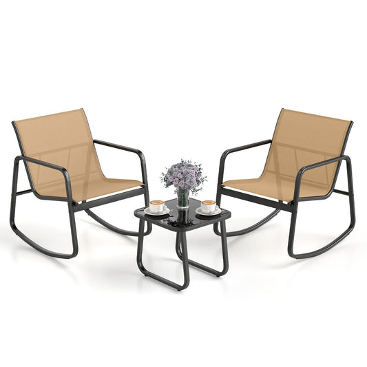 LIVSK 3-delige Schommelset - Ergonomische Stoelen met Zachte Beweging - Roestbestendig - Gehard Glas Tafelblad - Bruin