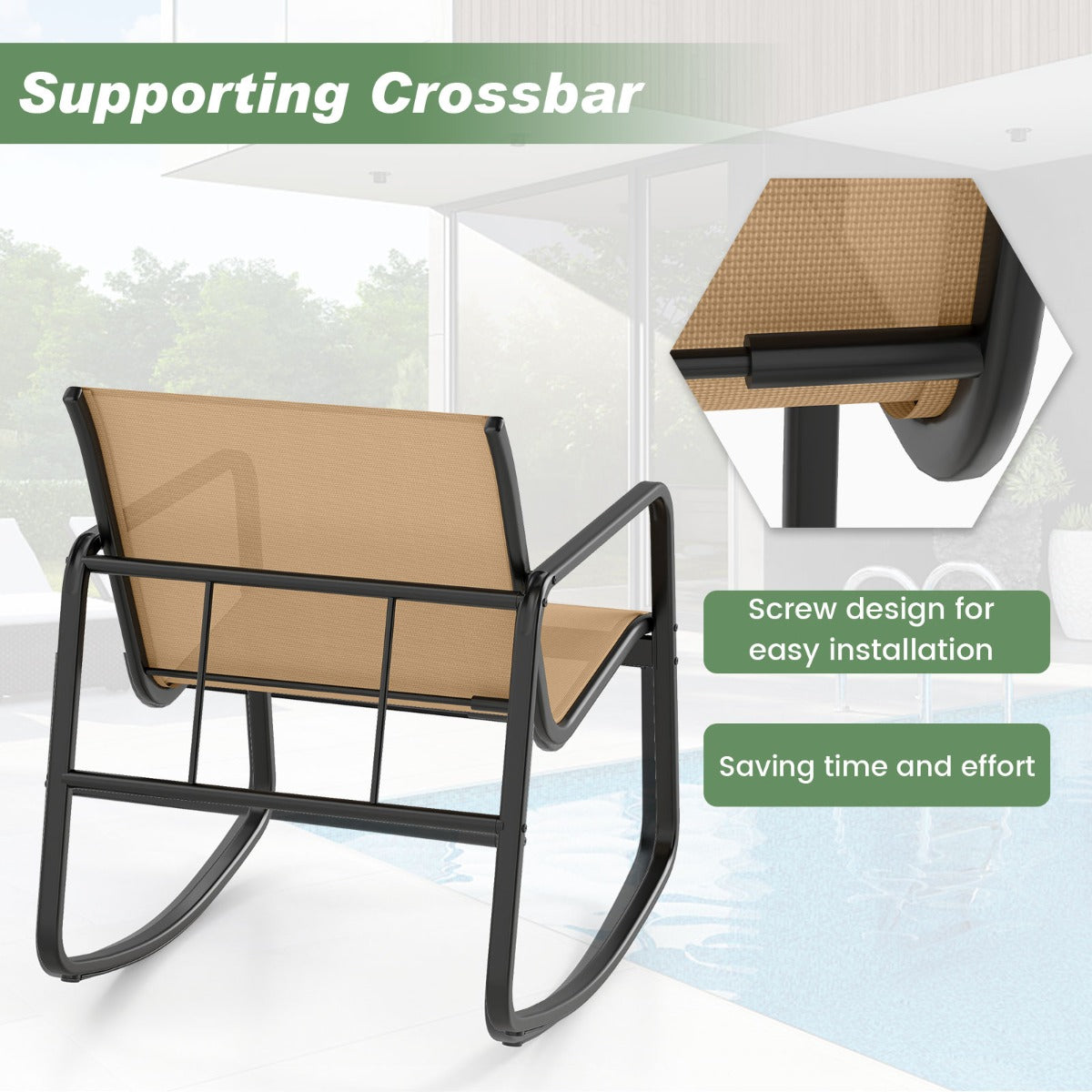 LIVSK 3-delige Schommelset - Ergonomische Stoelen met Zachte Beweging - Roestbestendig - Gehard Glas Tafelblad - Bruin