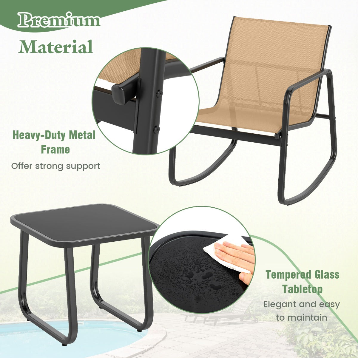 LIVSK 3-delige Schommelset - Ergonomische Stoelen met Zachte Beweging - Roestbestendig - Gehard Glas Tafelblad - Bruin
