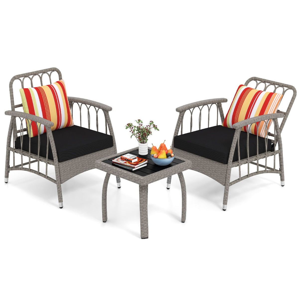 LIVSK 3-Delige Tuinloungeset - Verstelbare Rugleuning - PE Rattan - Gegalvaniseerd Frame - Compact voor Kleine Ruimtes - Grijs