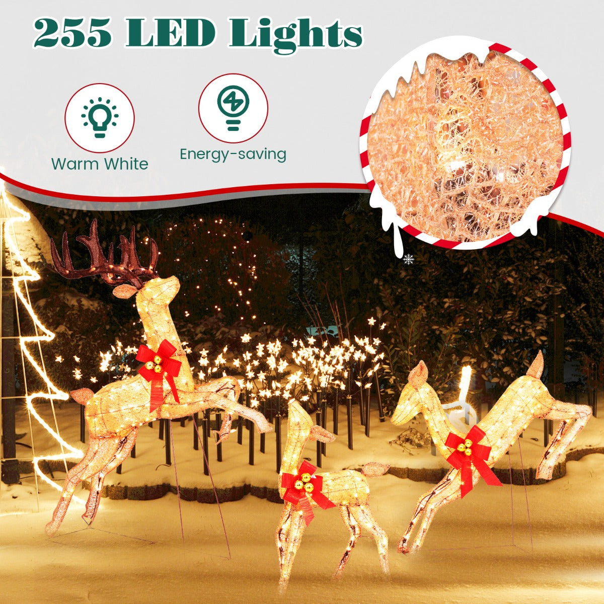 LIVSK Kerst Rendier Familieset - 3 Rendieren met 255 Warmwitte Lampjes - Waterdicht - Metalen Standaard - Goud