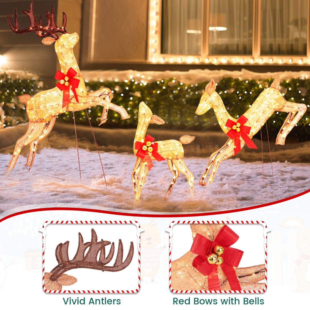 LIVSK Kerst Rendier Familieset - 3 Rendieren met 255 Warmwitte Lampjes - Waterdicht - Metalen Standaard - Goud