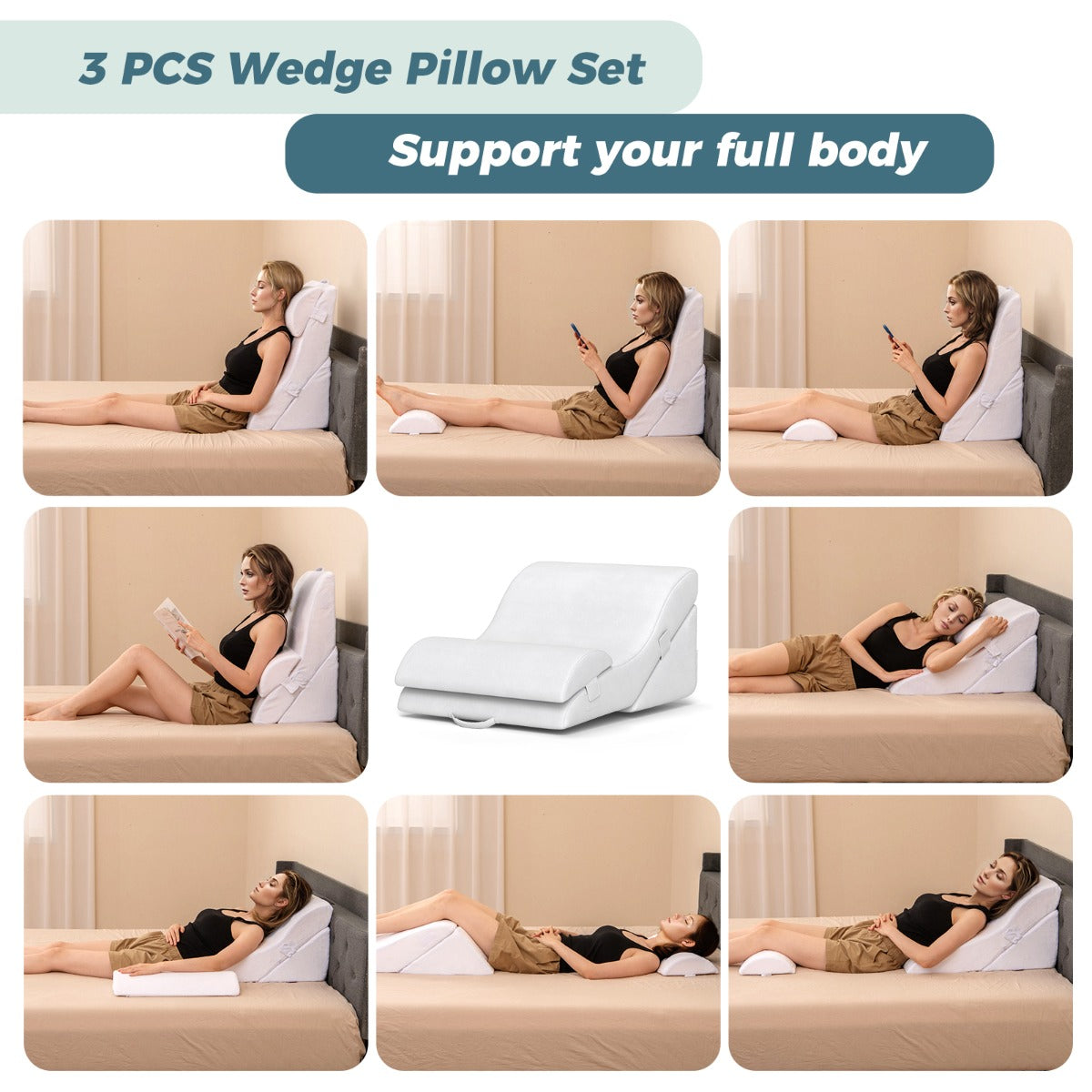 LIVSK Ergonomische Compensatiekussenset - 3-delige Set voor Nek en Schouderondersteuning - Machinewasbare Hoes - Wit