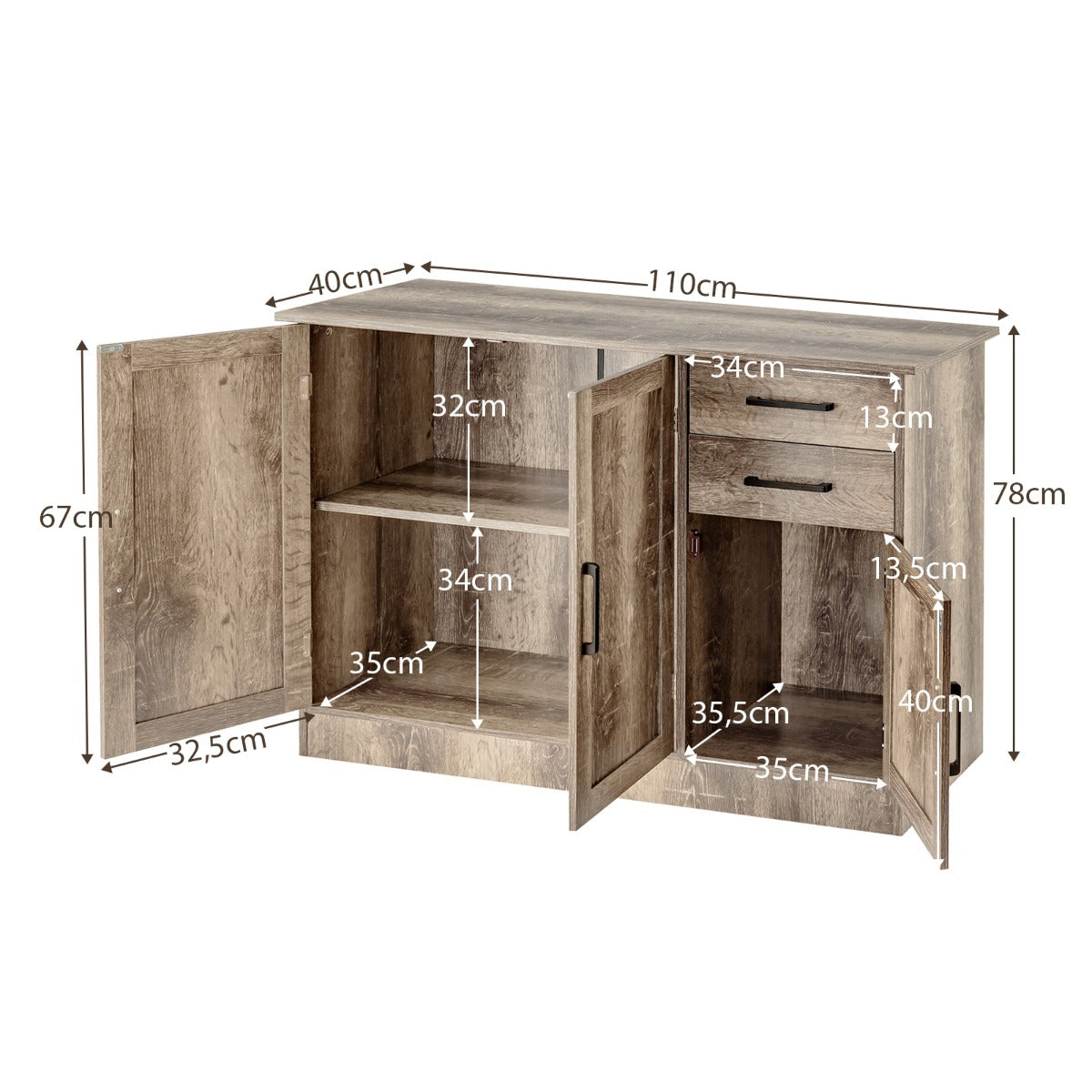 LIVSK Buffetkast - Veelzijdig met Verstelbare Plank - 2 Lades en 3 Deuren - Stevig MDF - 110 x 40 x 78 cm - Grijs