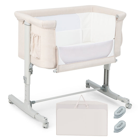 LIVSK 3-in-1 Baby Bedje - Verstelbare Hoogte - Kanteling - Draagbaar met Draagtas - Ademend Gaas - Beige