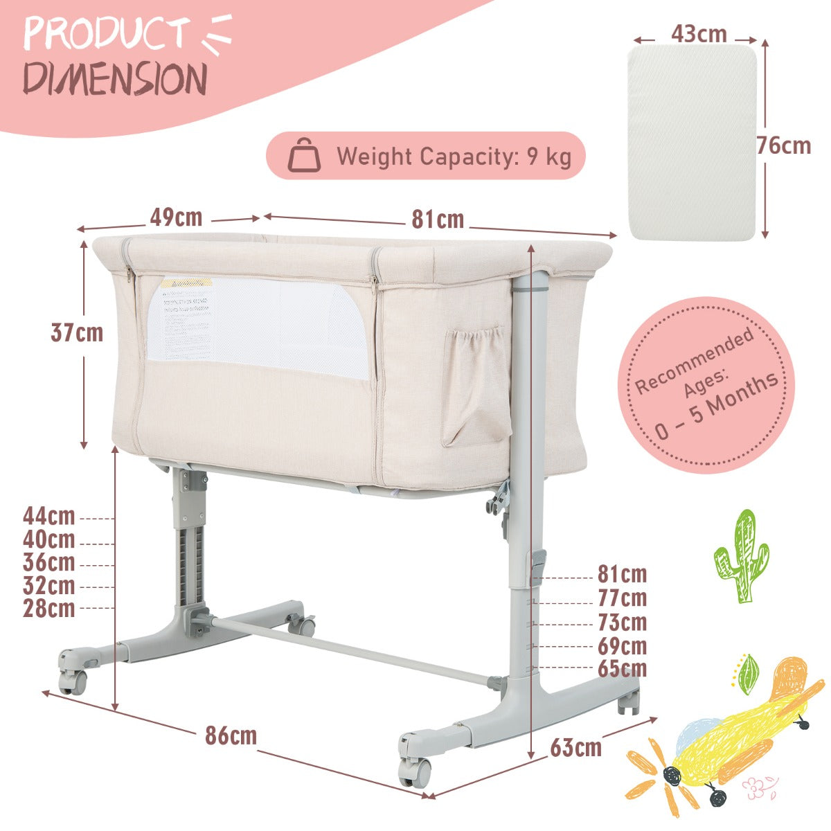 LIVSK 3-in-1 Baby Bedje - Verstelbare Hoogte - Kanteling - Draagbaar met Draagtas - Ademend Gaas - Beige