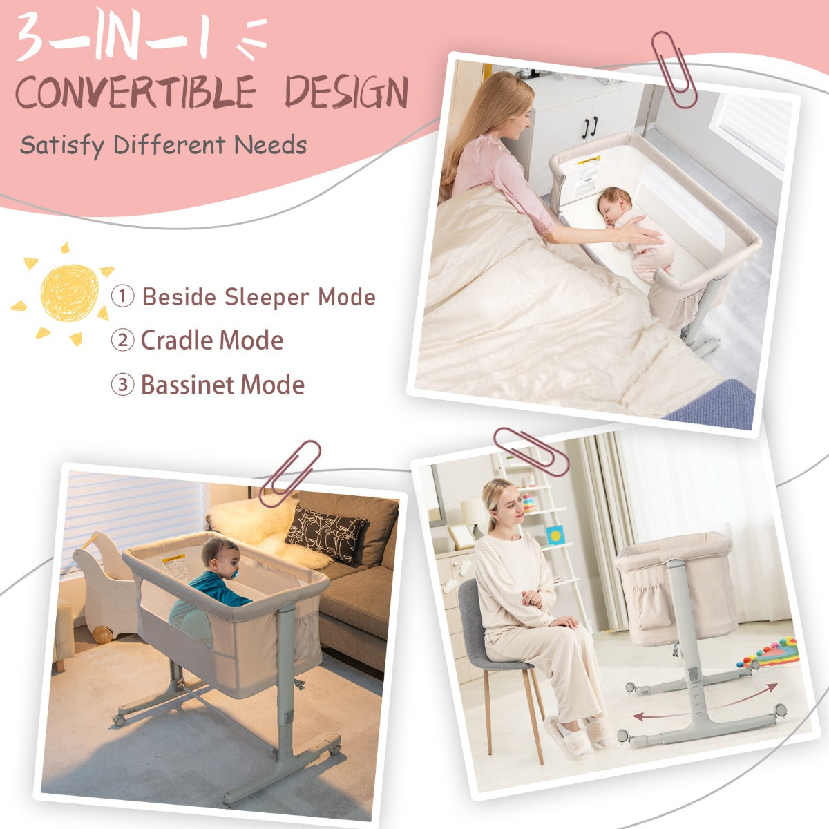 LIVSK 3-in-1 Baby Bedje - Verstelbare Hoogte - Kanteling - Draagbaar met Draagtas - Ademend Gaas - Beige