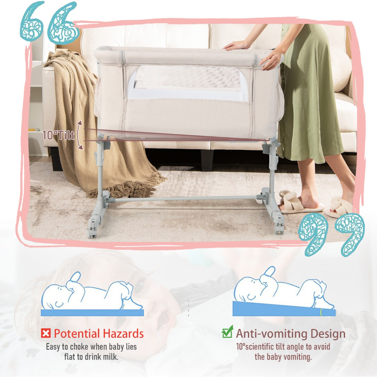 LIVSK 3-in-1 Baby Bedje - Verstelbare Hoogte - Kanteling - Draagbaar met Draagtas - Ademend Gaas - Beige