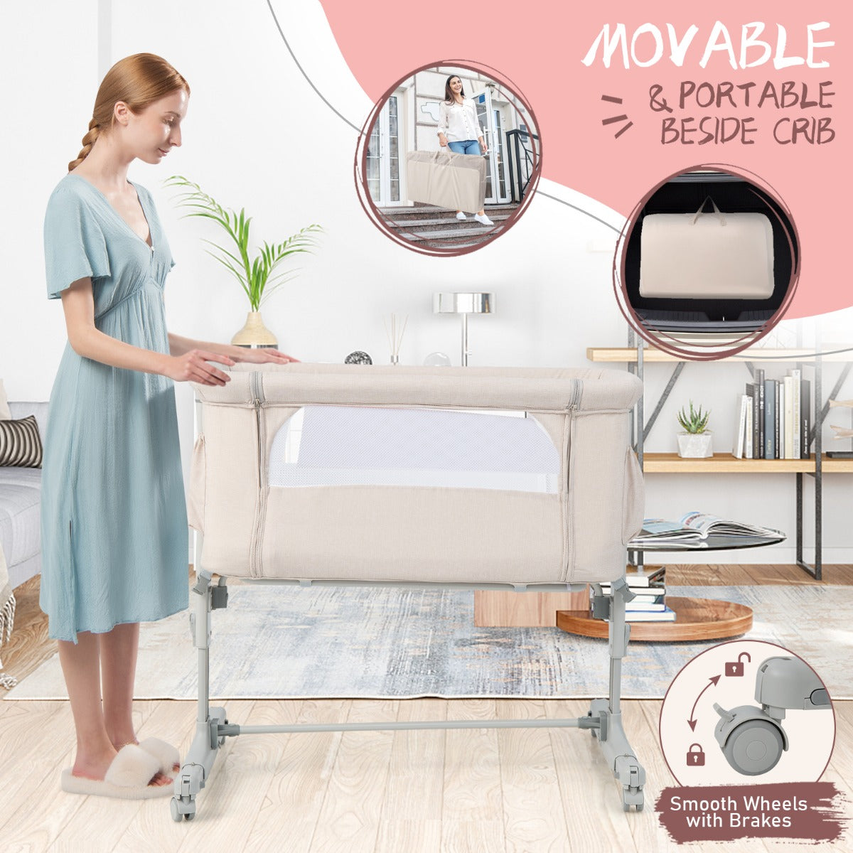 LIVSK 3-in-1 Baby Bedje - Verstelbare Hoogte - Kanteling - Draagbaar met Draagtas - Ademend Gaas - Beige