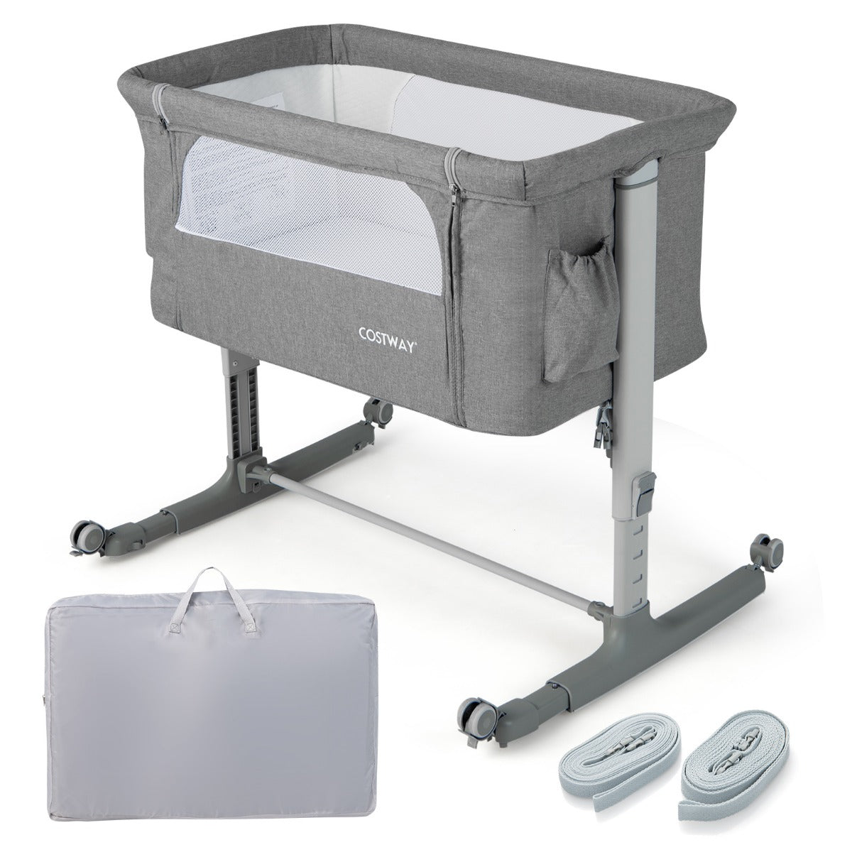 LIVSK 3-in-1 Draagbare Baby Naast Wieg - Verstelbare Hoogte en Hoek - Beweegbare Wielen - Inclusief Reistas - Licht Grijs