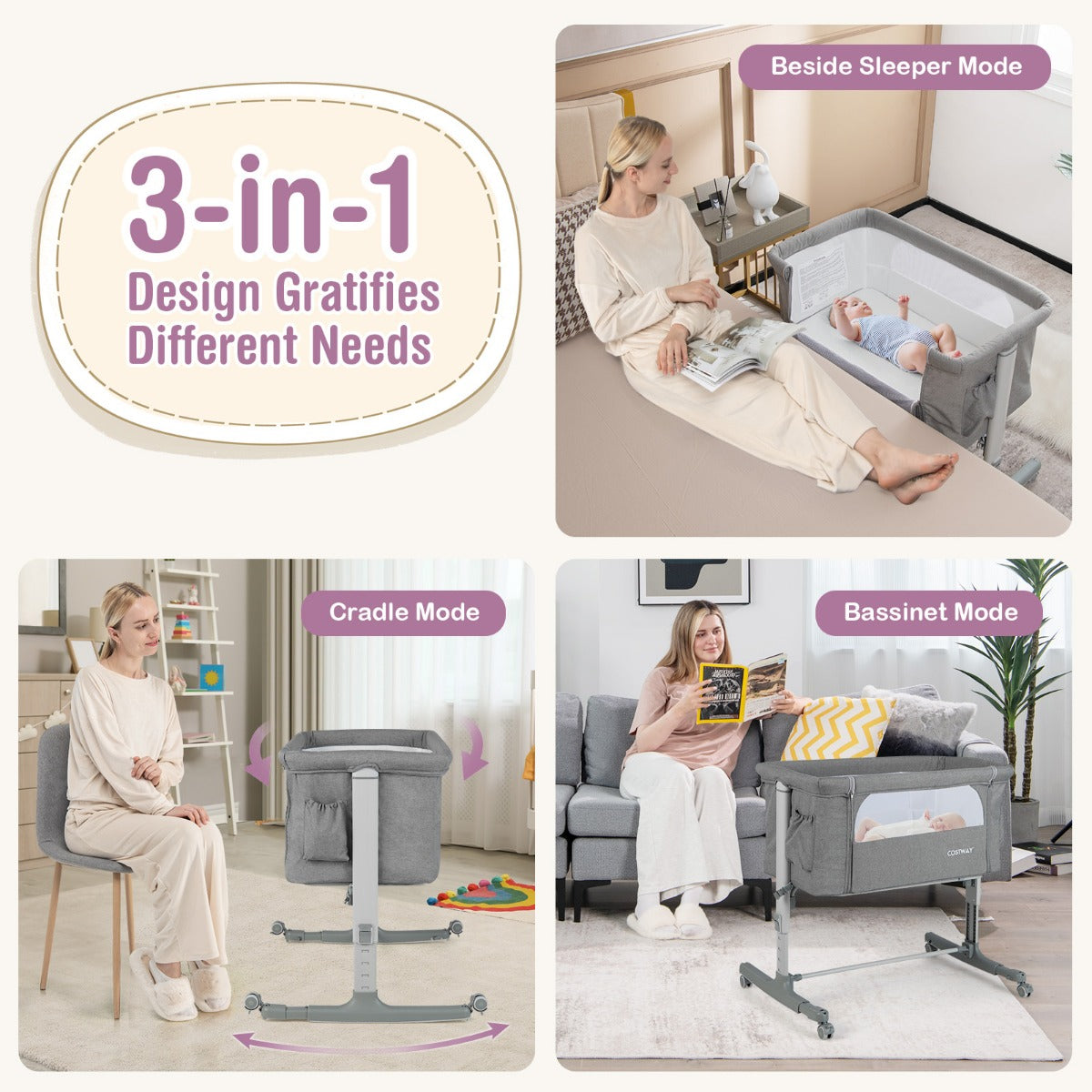 LIVSK 3-in-1 Draagbare Baby Naast Wieg - Verstelbare Hoogte en Hoek - Beweegbare Wielen - Inclusief Reistas - Licht Grijs