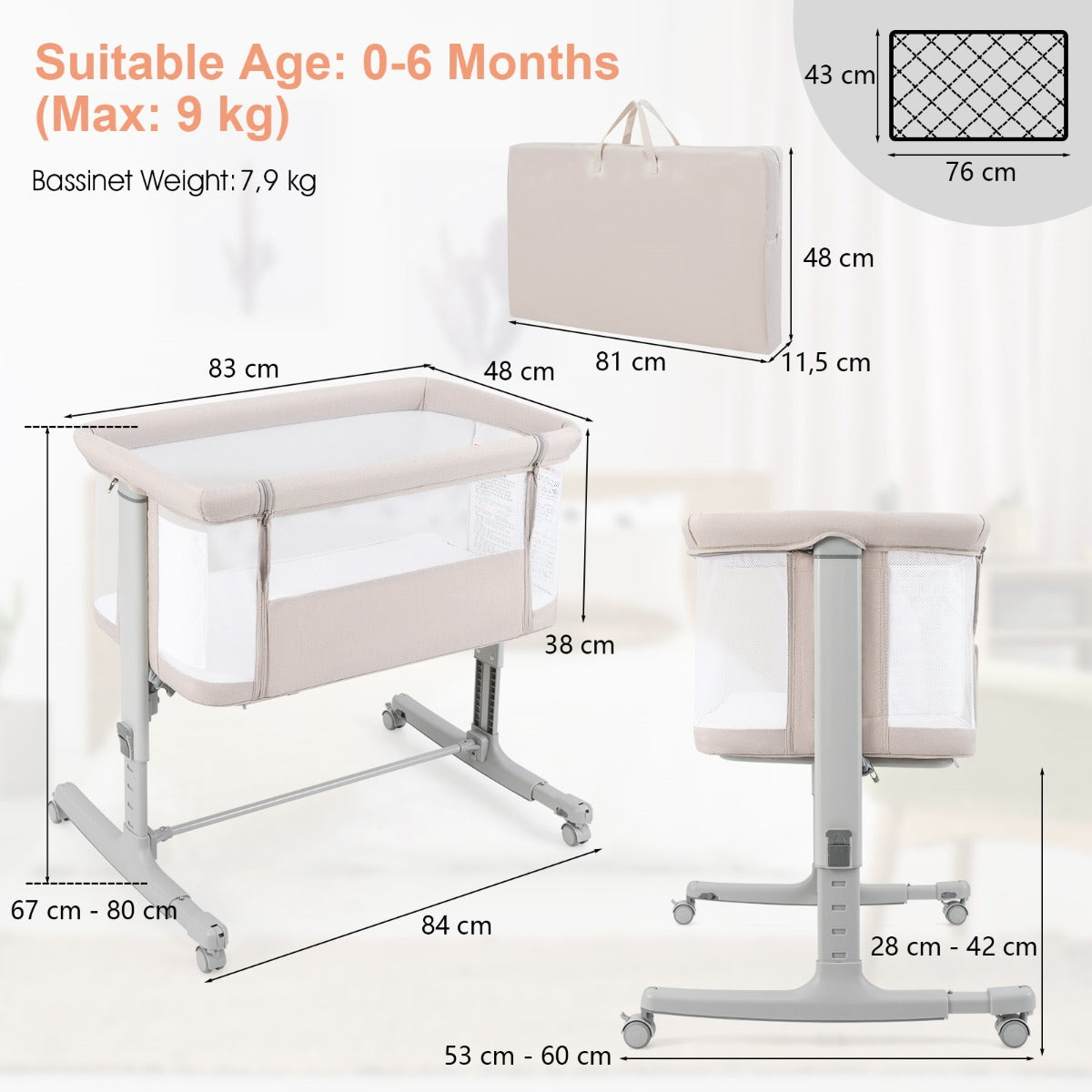 LIVSK 3-in-1 Co-sleeper - Verstelbare Hoogte - Inclusief Oxford-reistas - Voor Baby's tot 9 kg - Beige