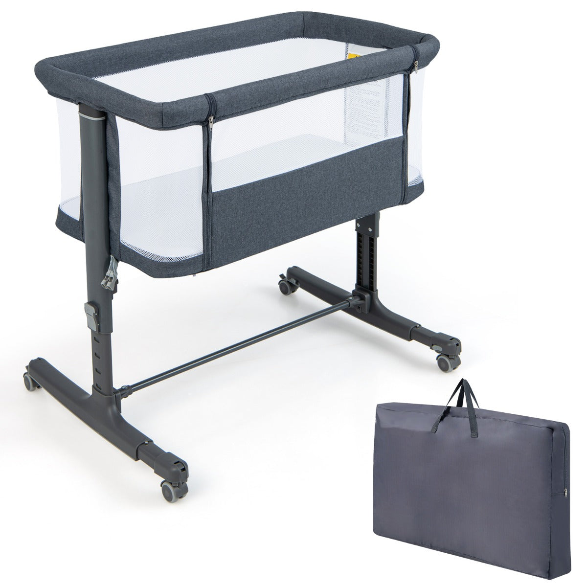 LIVSK 3-in-1 Co-sleeper Babybedje - Verstelbare Hoogte - Draagtas - Eenvoudig te Reinigen - Met Wielen - Donkergrijs