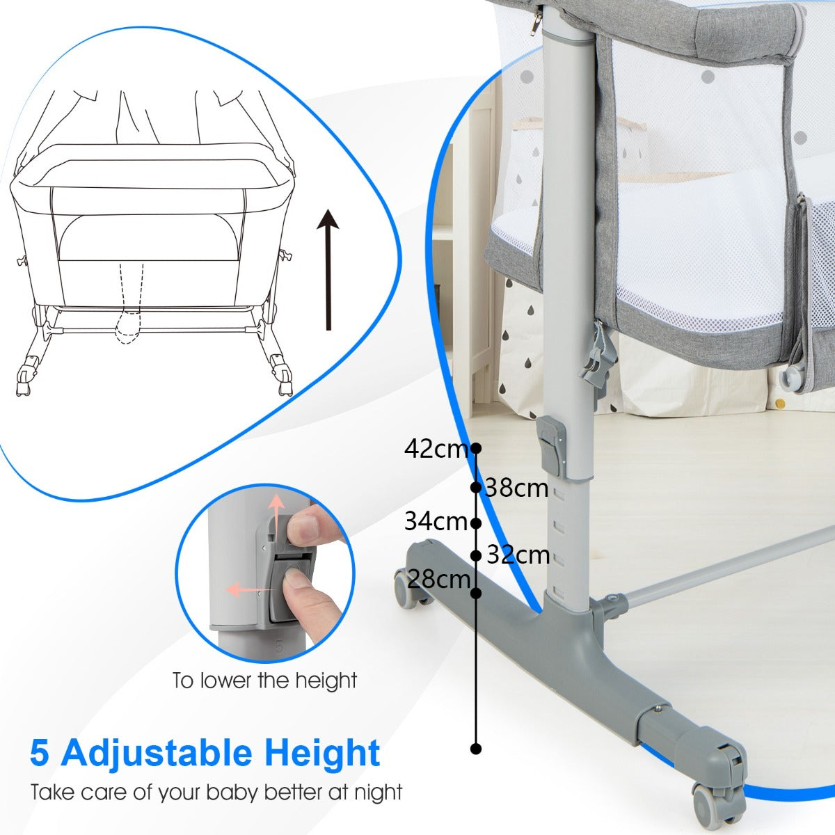 LIVSK 3-in-1 Co-Sleeper - Verstelbare Hoogte - Draagtas - Verplaatsbaar - Tot 9 kg - Donkergrijs