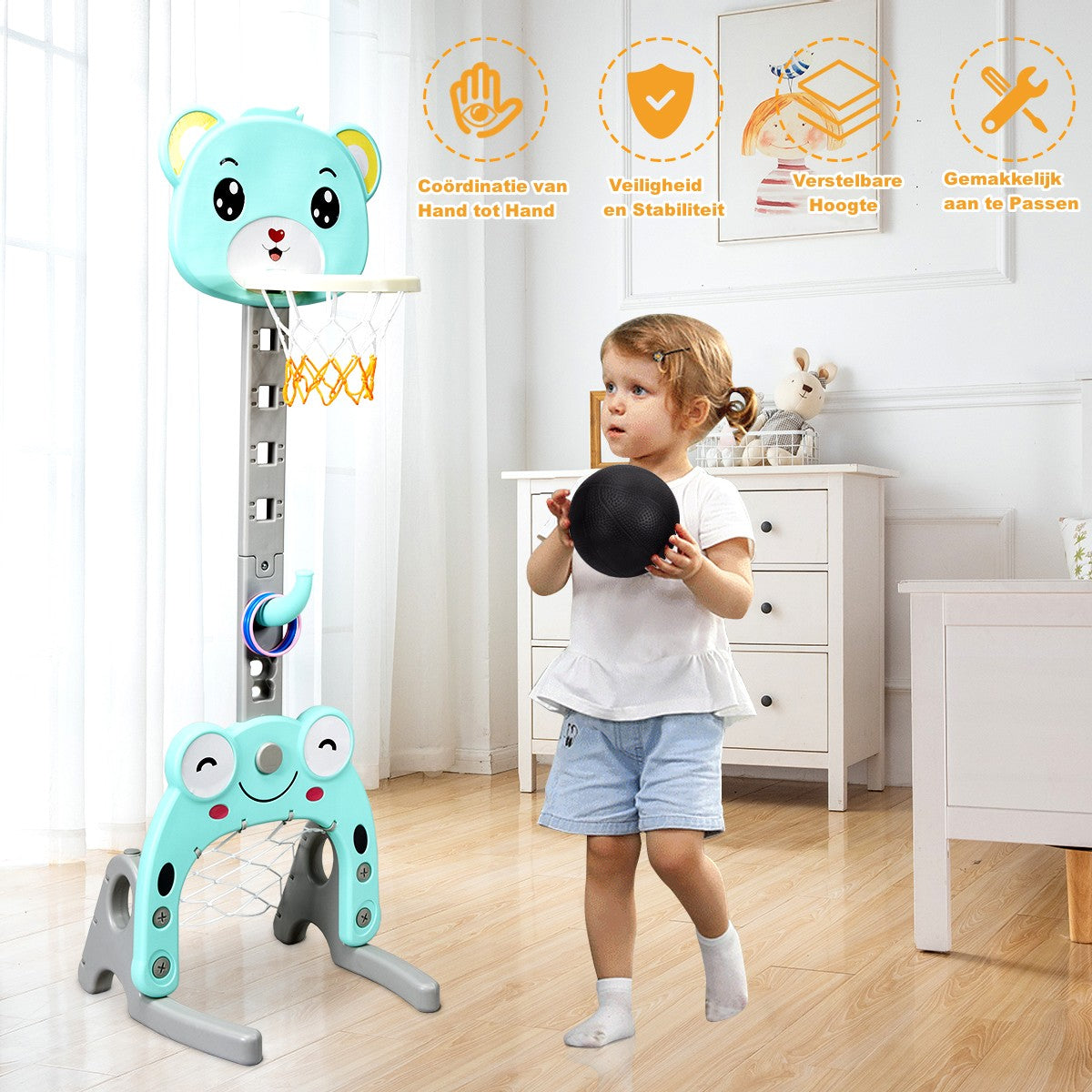 LIVSK 3-in-1 Basketbalstandaard - Verstelbaar van 88 tot 128 cm - Inclusief Basketbal en Voetbal - Veilig en Stabiel - Lichtblauw