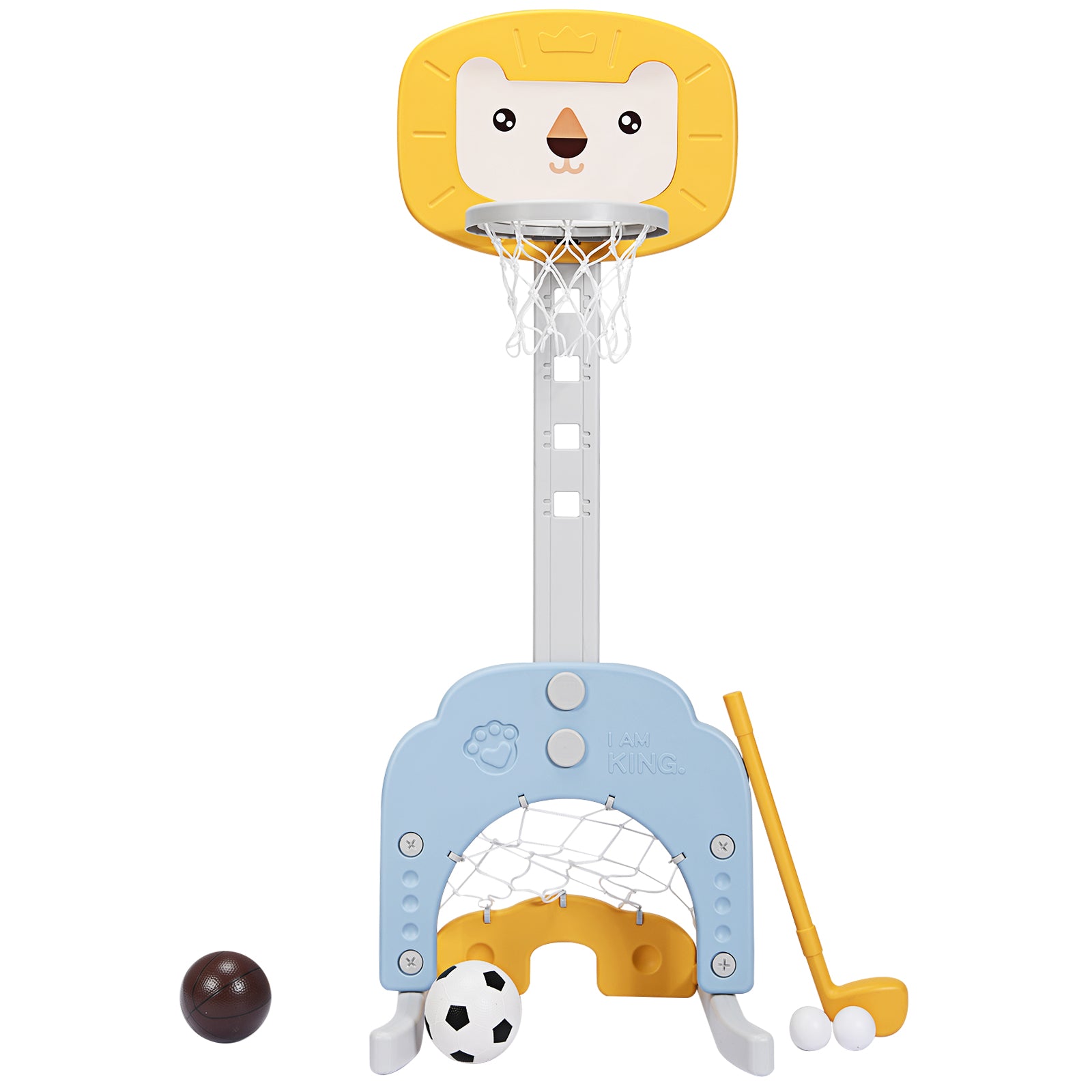 LIVSK 3-in-1 Peuterbasketbalhoepel - Verstelbare Hoogte 77-116 cm - Golf, Basketbal en Voetbal - Stabiele Driehoekstructuur -