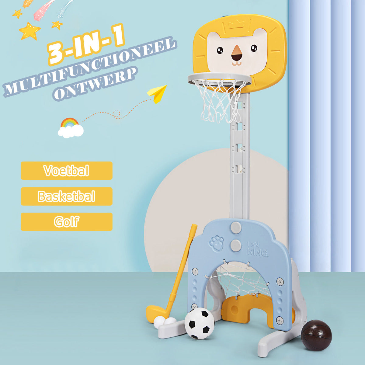 LIVSK 3-in-1 Peuterbasketbalhoepel - Verstelbare Hoogte 77-116 cm - Golf, Basketbal en Voetbal - Stabiele Driehoekstructuur -