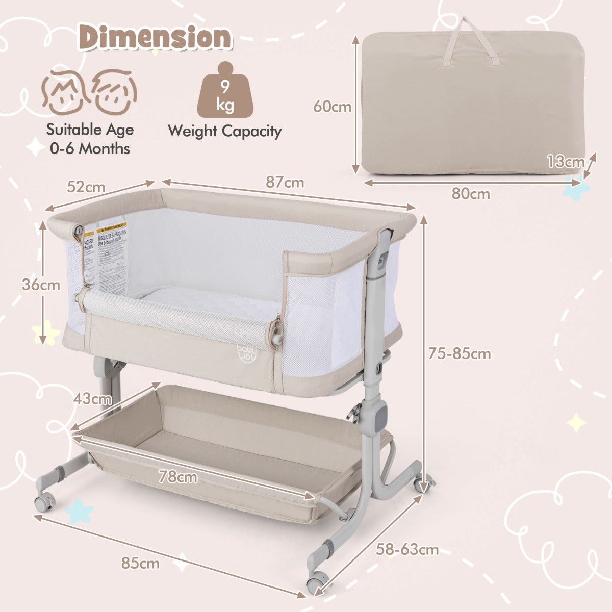 LIVSK Bedside Sleeper - 6 Verstelbare Hoogtes 75-85 cm - Veiligheidsriemen - Opvouwbaar - Draagtas - Donkergrijs