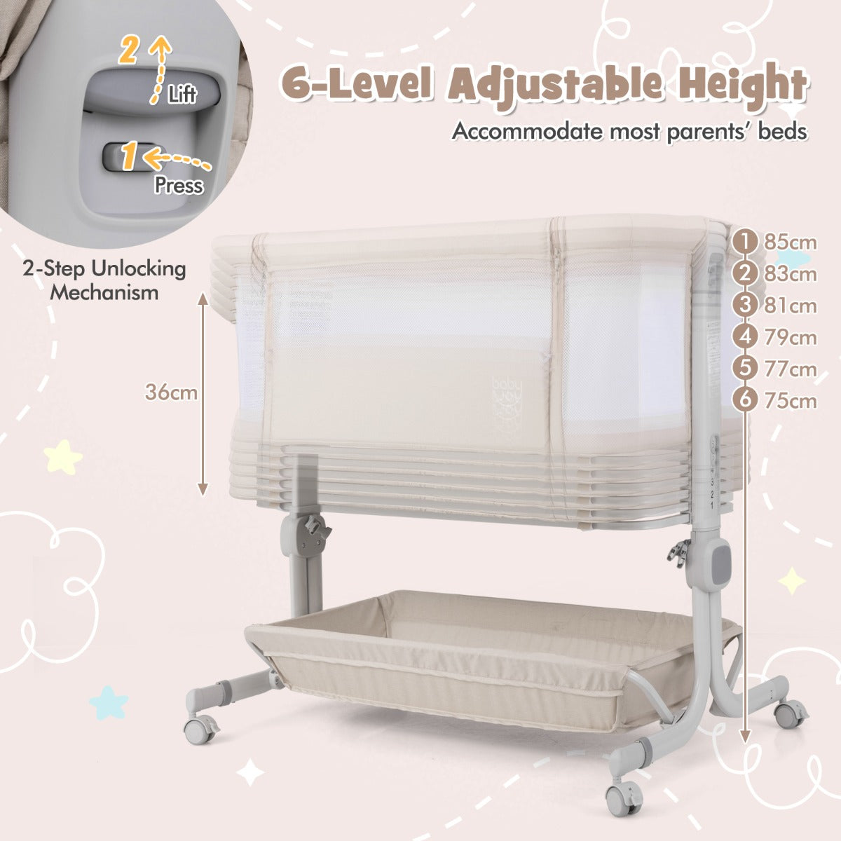 LIVSK Bedside Sleeper - 6 Verstelbare Hoogtes 75-85 cm - Veiligheidsriemen - Opvouwbaar - Draagtas - Donkergrijs