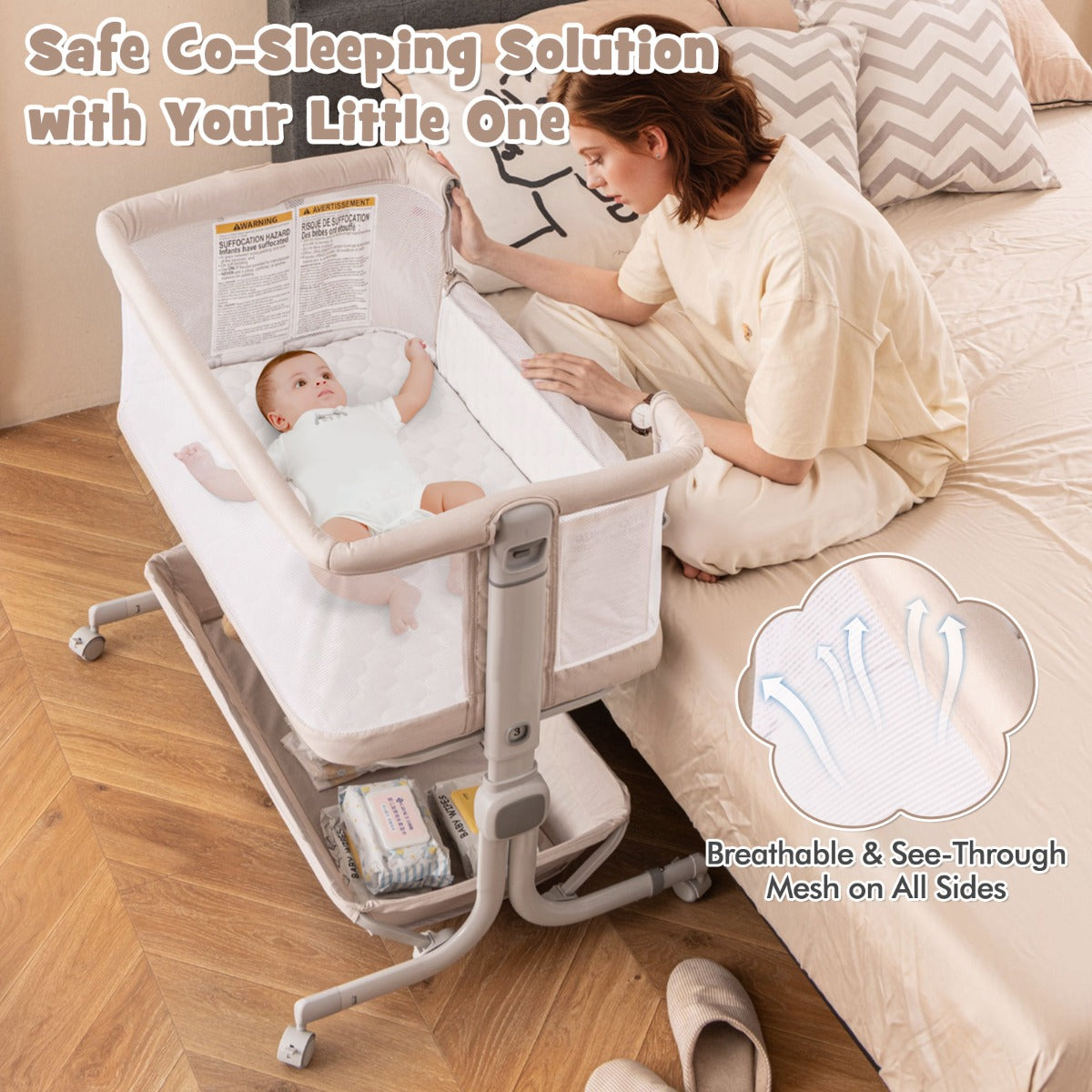 LIVSK Bedside Sleeper - 6 Verstelbare Hoogtes 75-85 cm - Veiligheidsriemen - Opvouwbaar - Draagtas - Donkergrijs