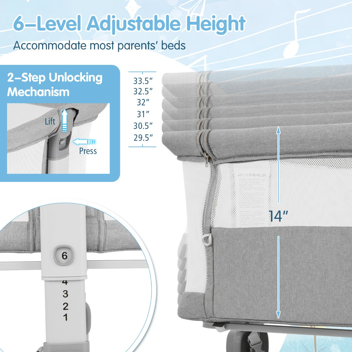 LIVSK Bedside Sleeper - 6 Verstelbare Hoogtes - Veiligheidsriemen - Opvouwbaar en Draagbaar - Comfortabele Matras - Grijs