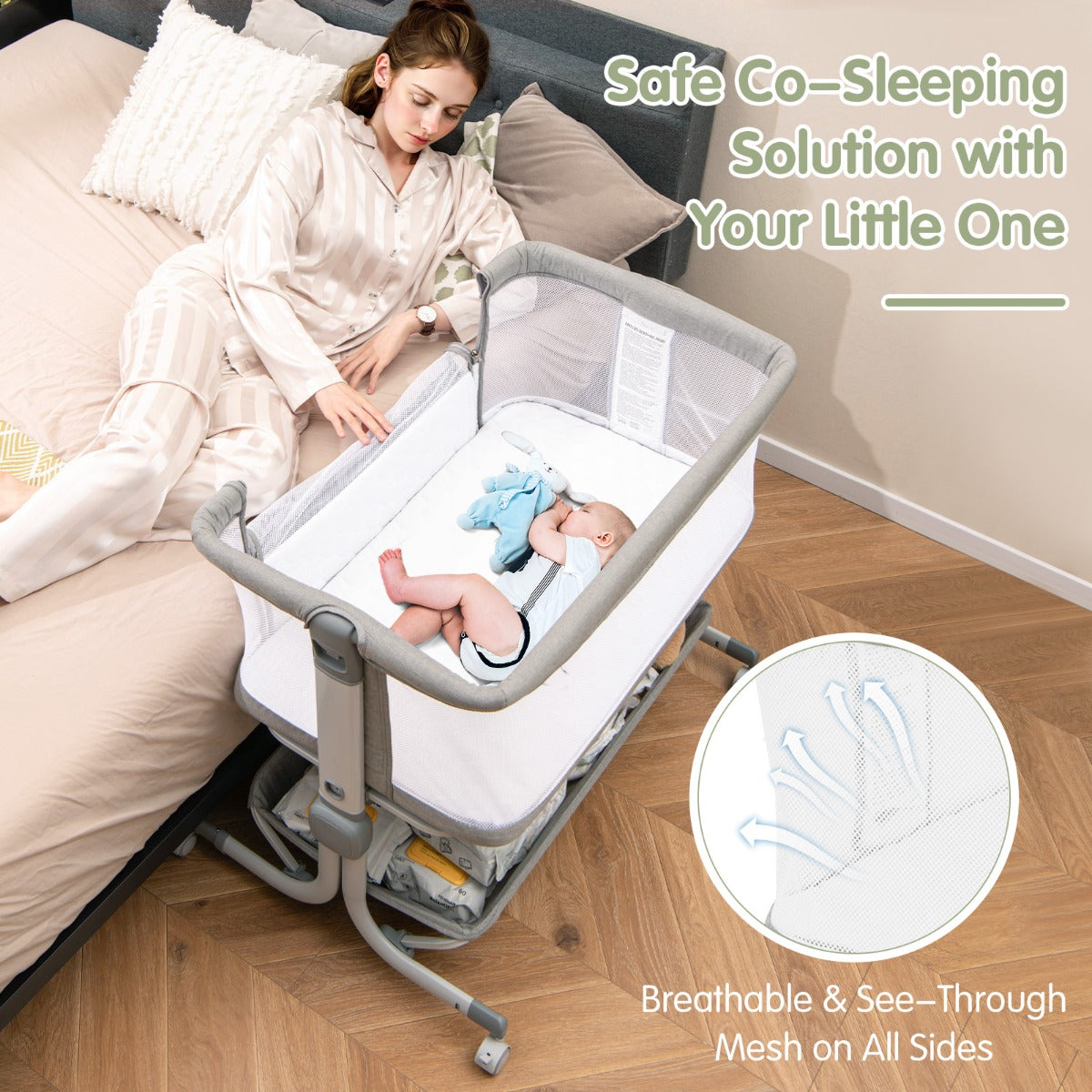 LIVSK Bedside Sleeper - 6 Verstelbare Hoogtes - Veiligheidsriemen - Opvouwbaar en Draagbaar - Comfortabele Matras - Grijs