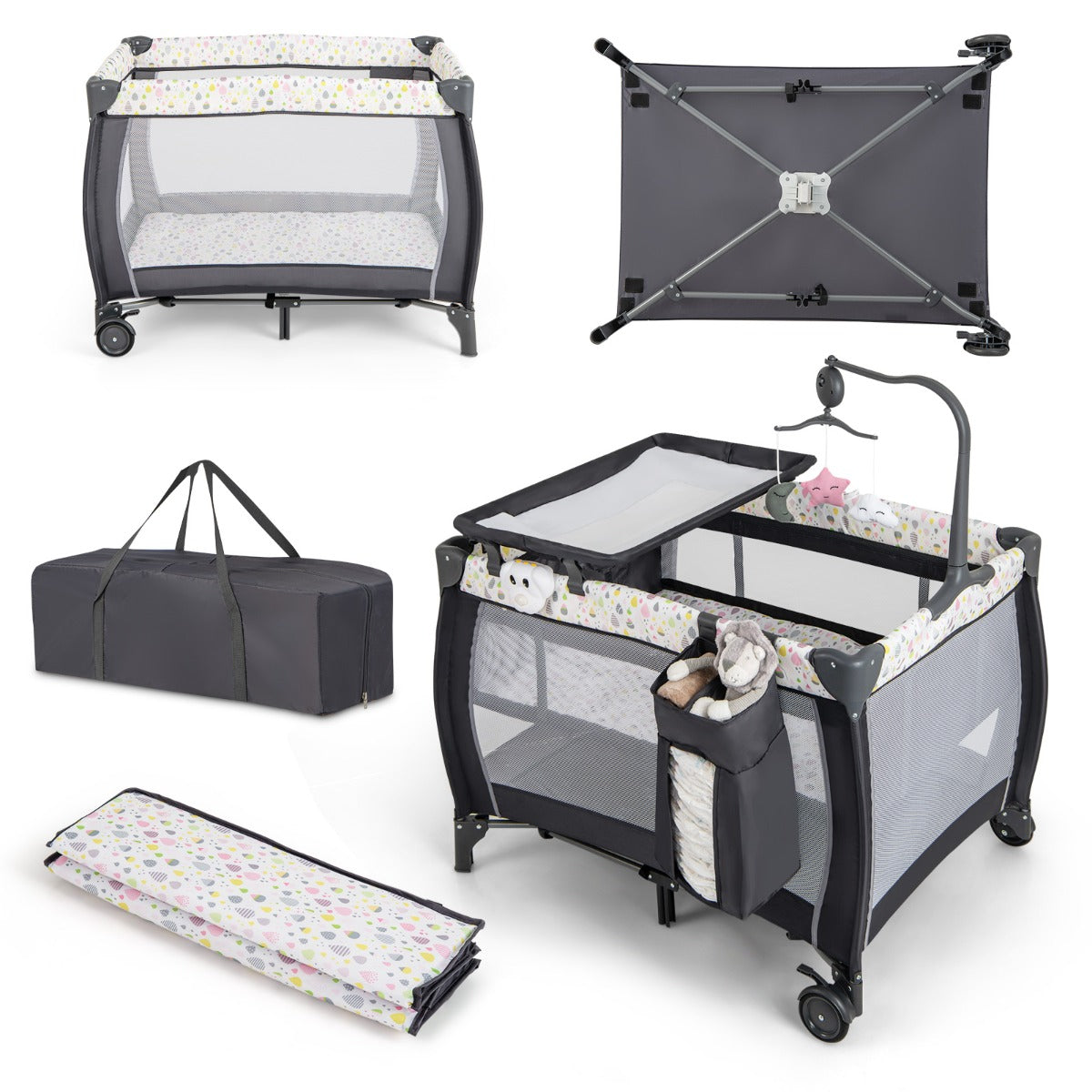 LIVSK Multifunctioneel Babyreisbed 3-in-1 - Wieg, Commode, Box - Inclusief Matras en Hangspeelgoed - Grijs