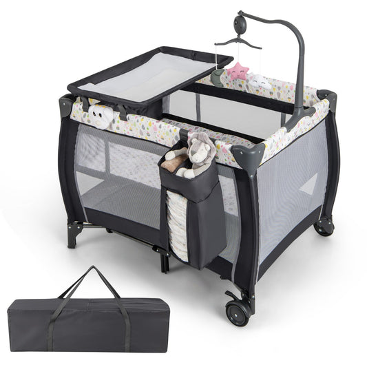 LIVSK Multifunctioneel Babyreisbed 3-in-1 - Wieg, Commode, Box - Inclusief Matras en Hangspeelgoed - Grijs