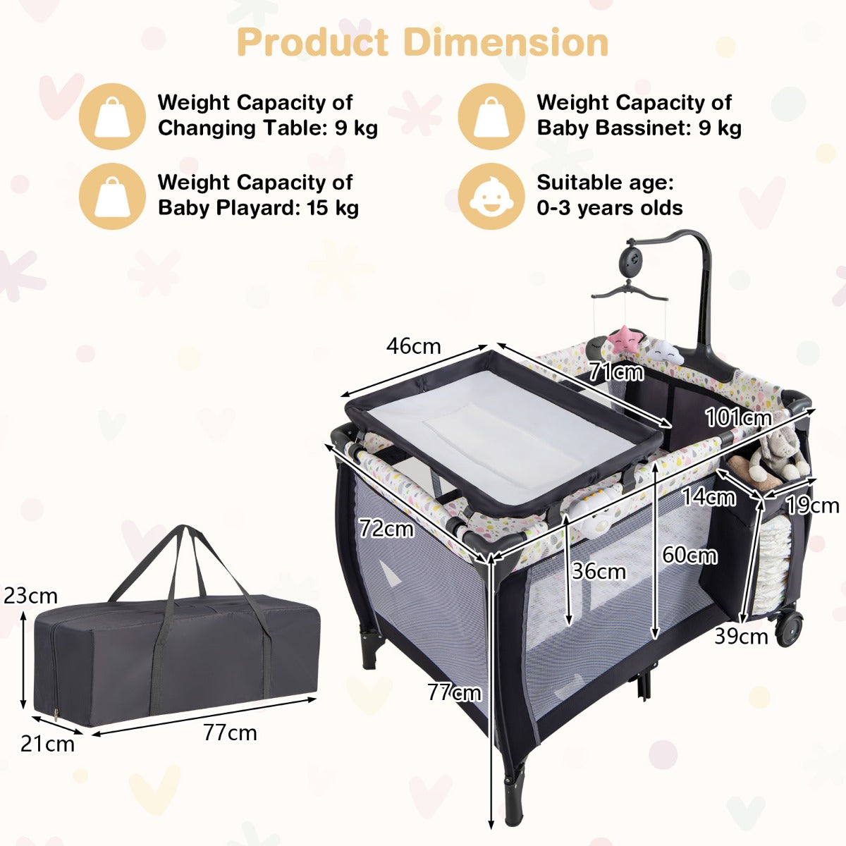 LIVSK Multifunctioneel Babyreisbed 3-in-1 - Wieg, Commode, Box - Inclusief Matras en Hangspeelgoed - Grijs