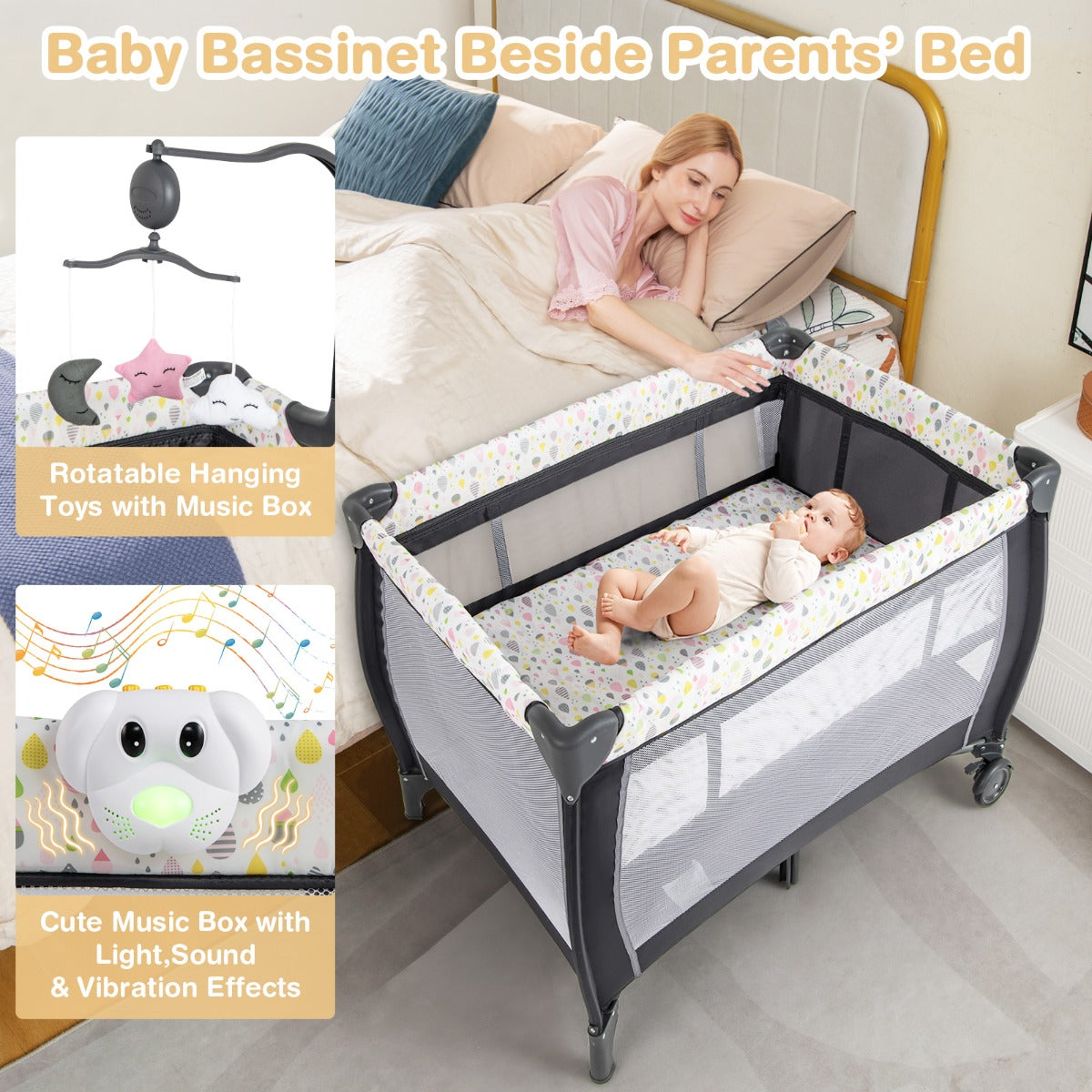 LIVSK Multifunctioneel Babyreisbed 3-in-1 - Wieg, Commode, Box - Inclusief Matras en Hangspeelgoed - Grijs