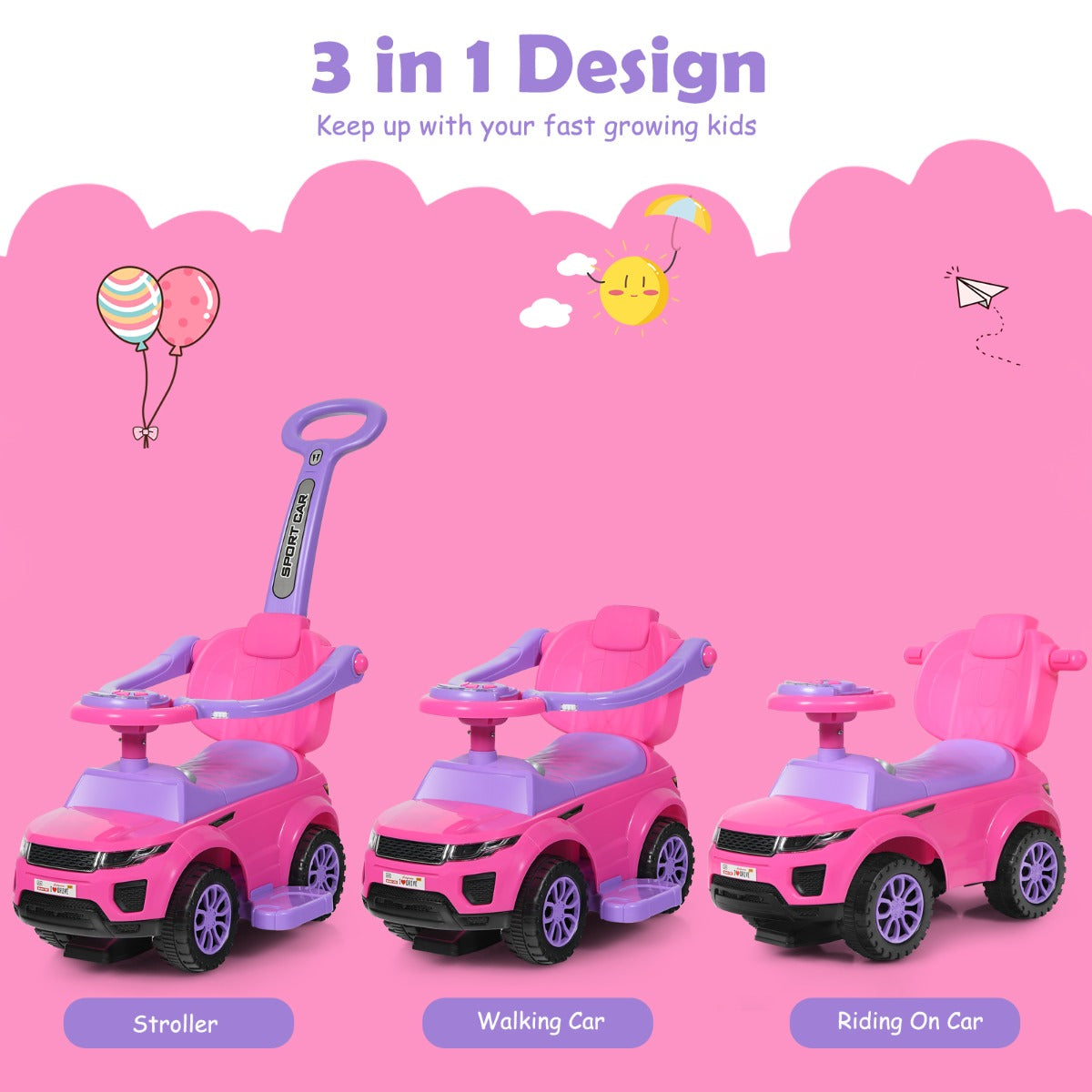 LIVSK 3-in-1 Duwwagen - Kinderwagen, Loopauto en Meerijdfunctie - Veiligheidshekjes en Opbergruimte - Tot 25 kg - Roze