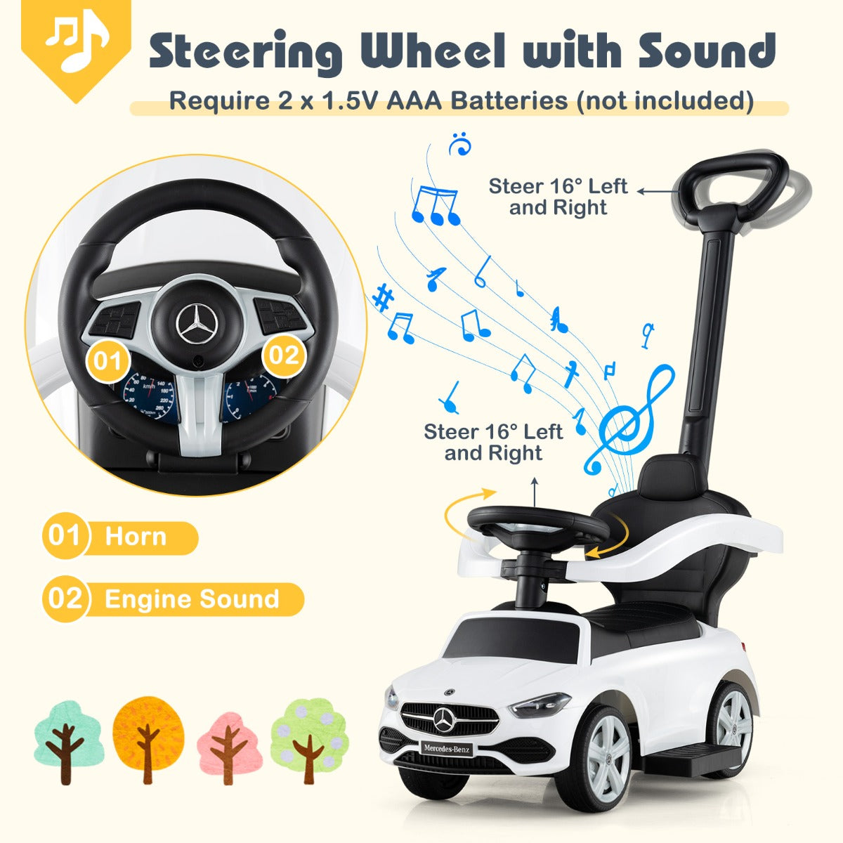 LIVSK 3-in-1 Loopauto - Kinderwagen, Loopauto, Duwauto - Interactief Stuur met Geluid - Veilig en Duurzaam - Voor 18-36 maanden -