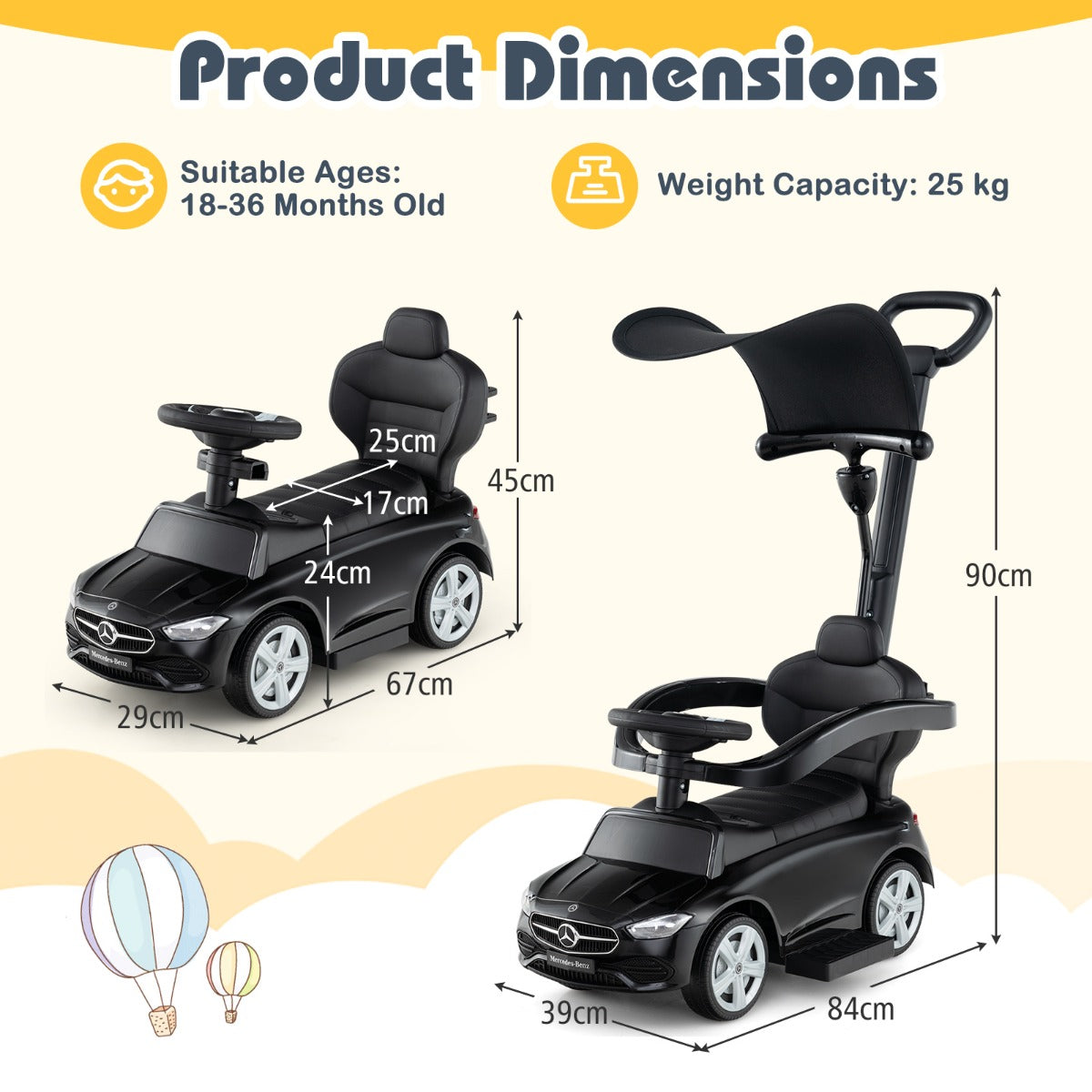 LIVSK 3-in-1 Loopauto - Kinderwagen, Loop- en Schuifauto - Interactief Stuurwiel met Geluid - Veilig en Duurzaam - Zwart