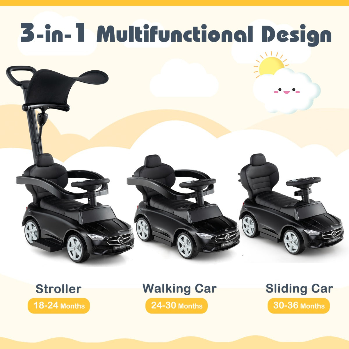 LIVSK 3-in-1 Loopauto - Kinderwagen, Loop- en Schuifauto - Interactief Stuurwiel met Geluid - Veilig en Duurzaam - Zwart