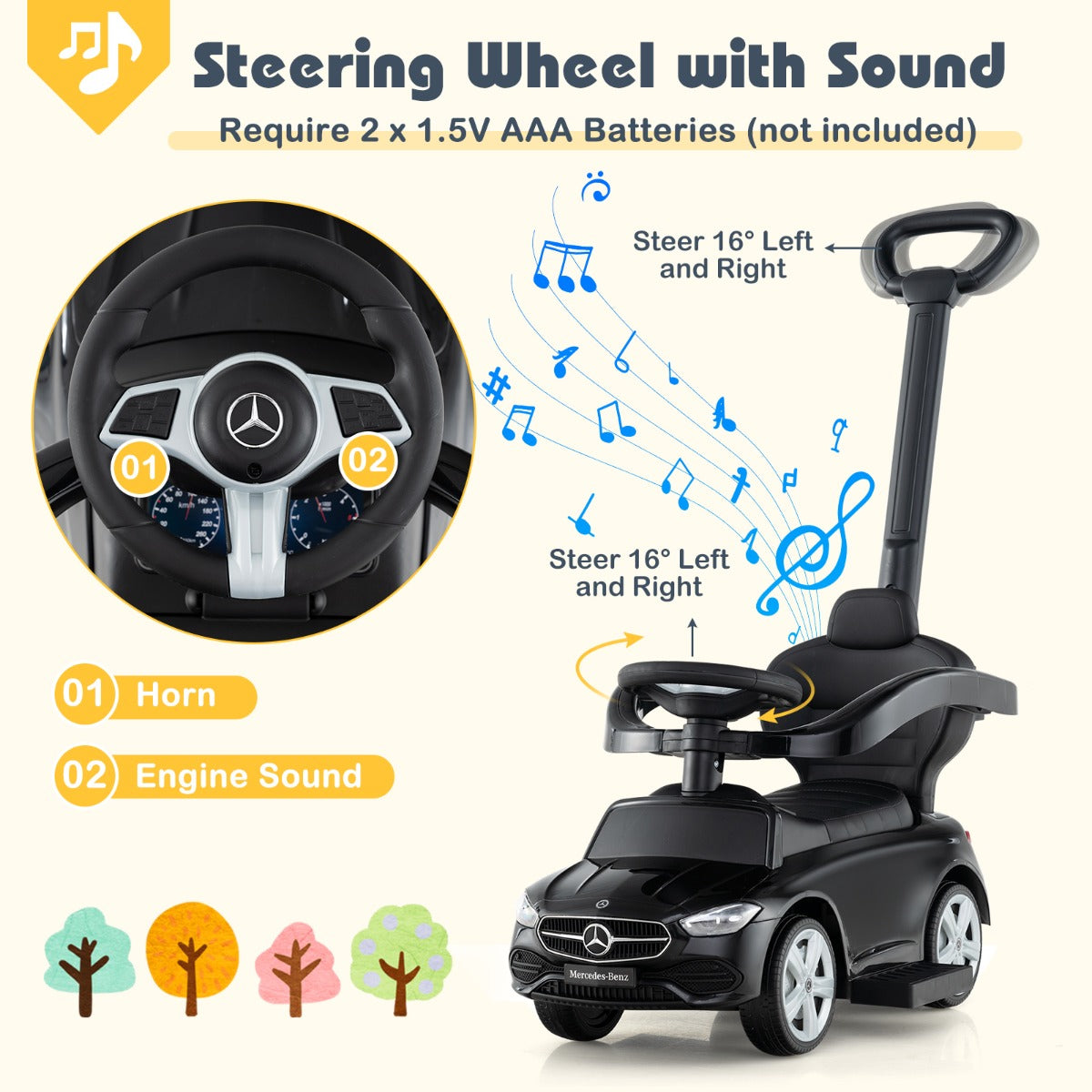 LIVSK 3-in-1 Loopauto - Kinderwagen, Loop- en Schuifauto - Interactief Stuurwiel met Geluid - Veilig en Duurzaam - Zwart