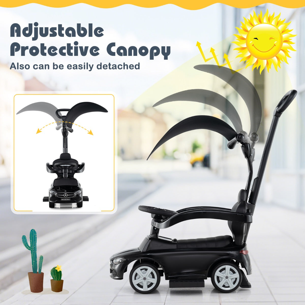 LIVSK 3-in-1 Loopauto - Kinderwagen, Loop- en Schuifauto - Interactief Stuurwiel met Geluid - Veilig en Duurzaam - Zwart