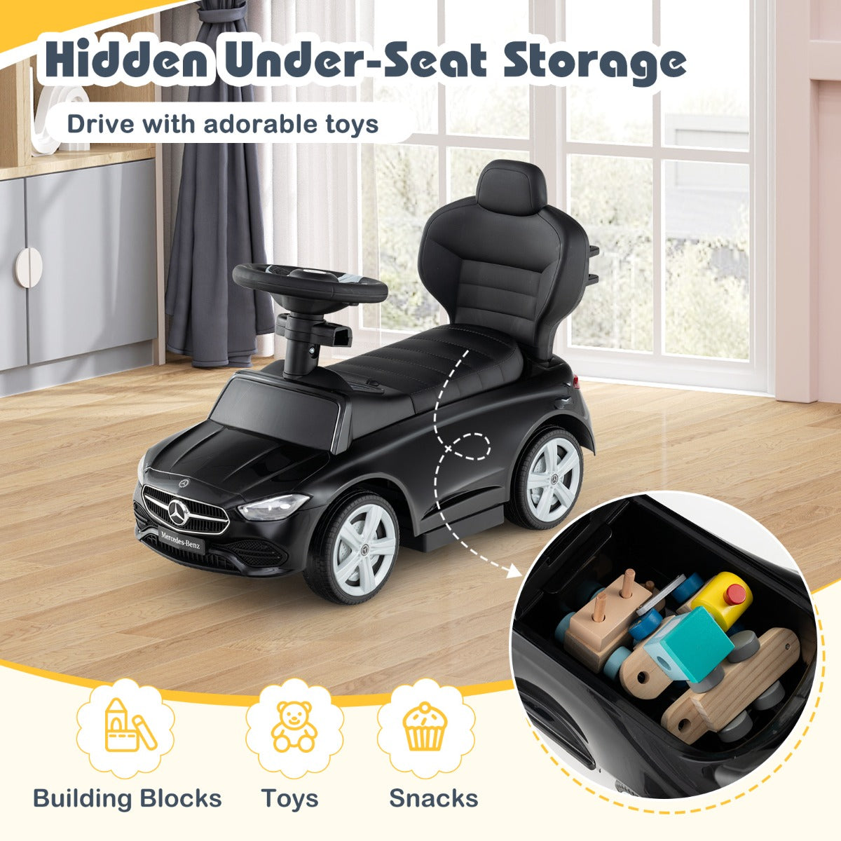 LIVSK 3-in-1 Loopauto - Kinderwagen, Loop- en Schuifauto - Interactief Stuurwiel met Geluid - Veilig en Duurzaam - Zwart